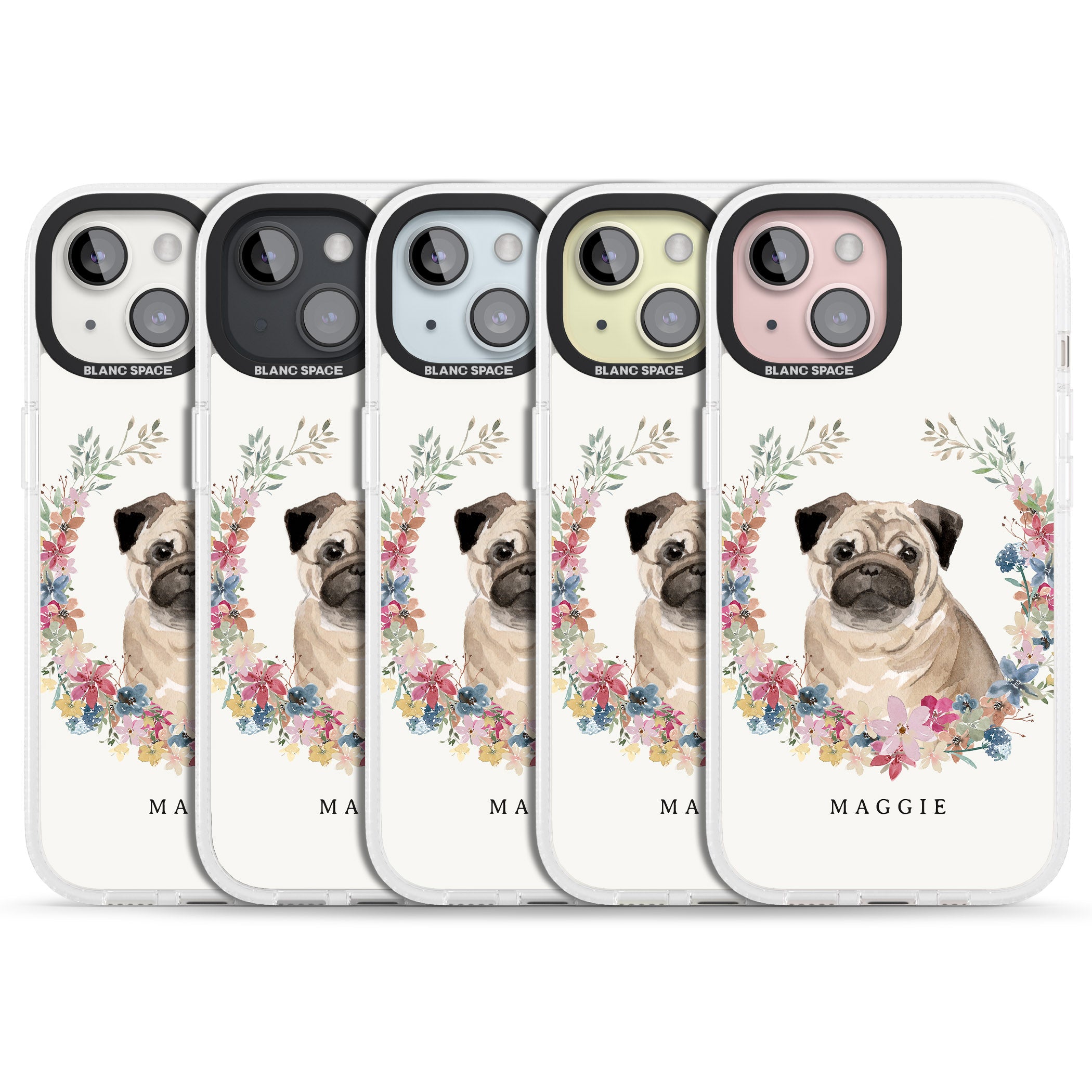 Personalised Pug - Watercolour Dog Portrait iPhone 15 / 14 / 13 Clear Case Impact Air - Blanc Space
