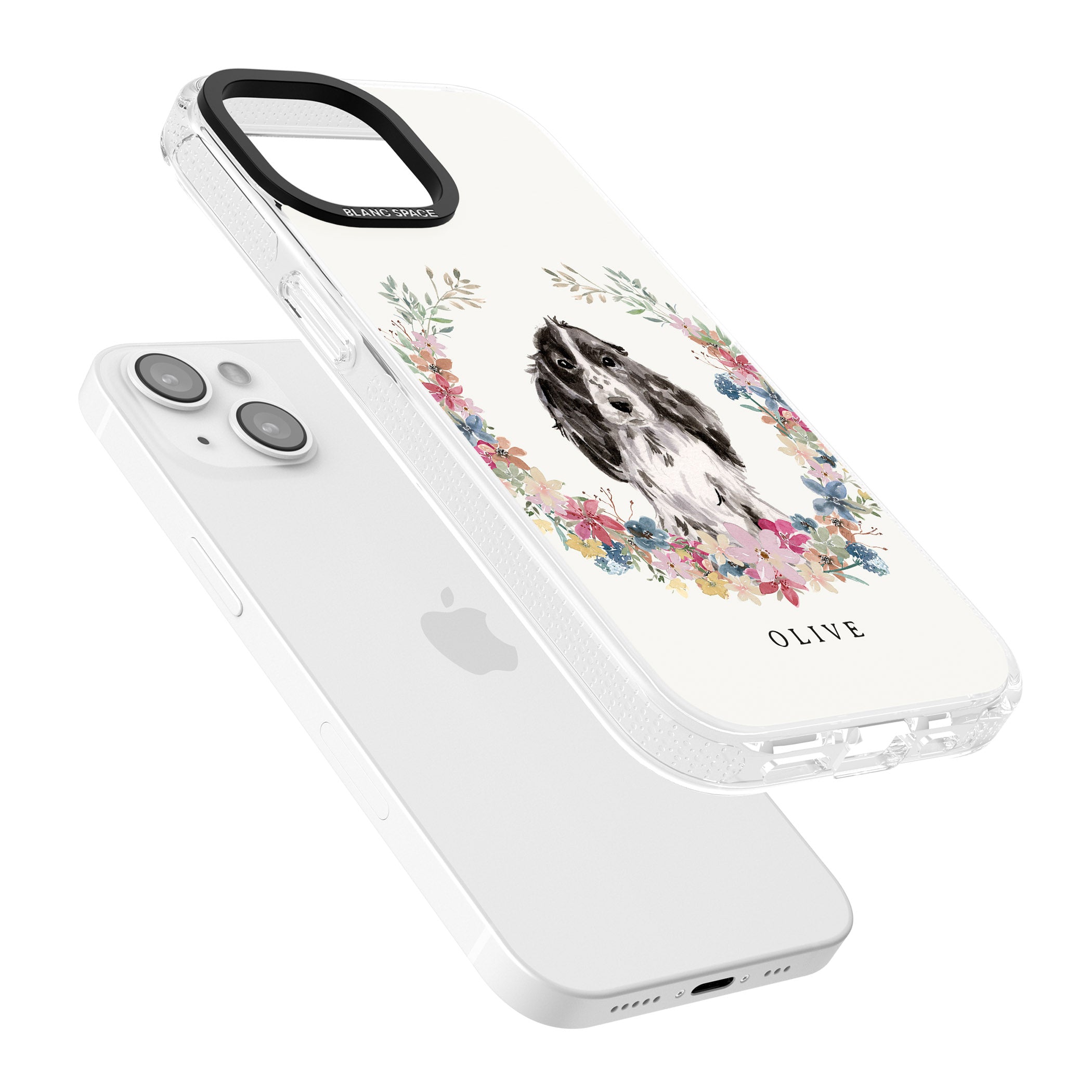Personalised Black Cocker Spaniel - Watercolour Dog Portrait iPhone 15 / 14 / 13 Clear Case Impact Air - Blanc Space