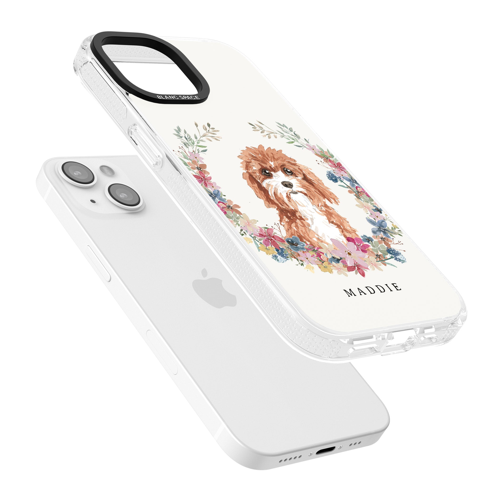 Personalised Cavapoo - Watercolour Dog Portrait iPhone 15 / 14 / 13 Clear Case Impact Air - Blanc Space