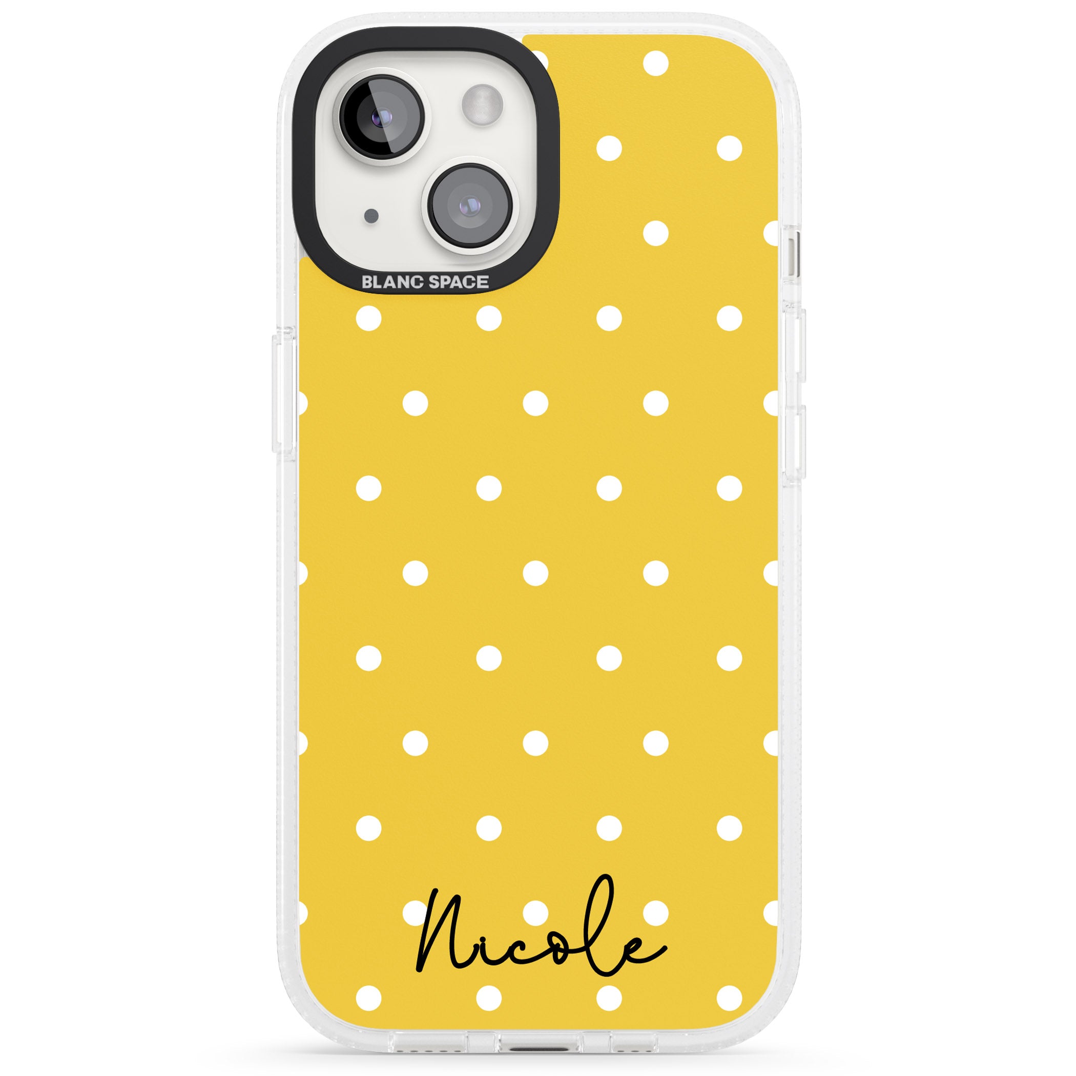 Personalised Yellow Polka Dot iPhone 15 / 14 / 13 Clear Case Impact Air - Blanc Space