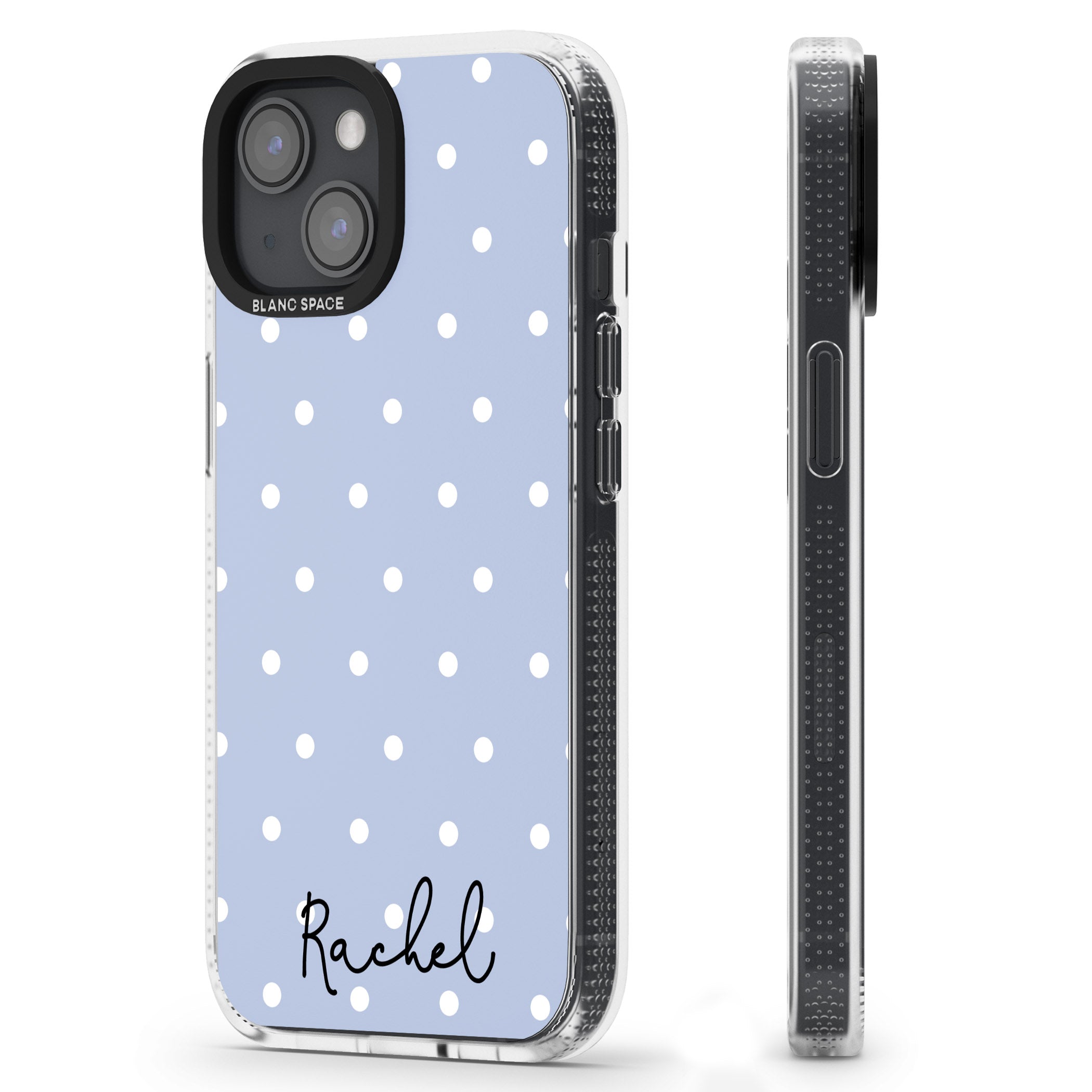 Personalised Simple Light Blue Dots iPhone 15 / 14 / 13 Clear Case Impact Air - Blanc Space