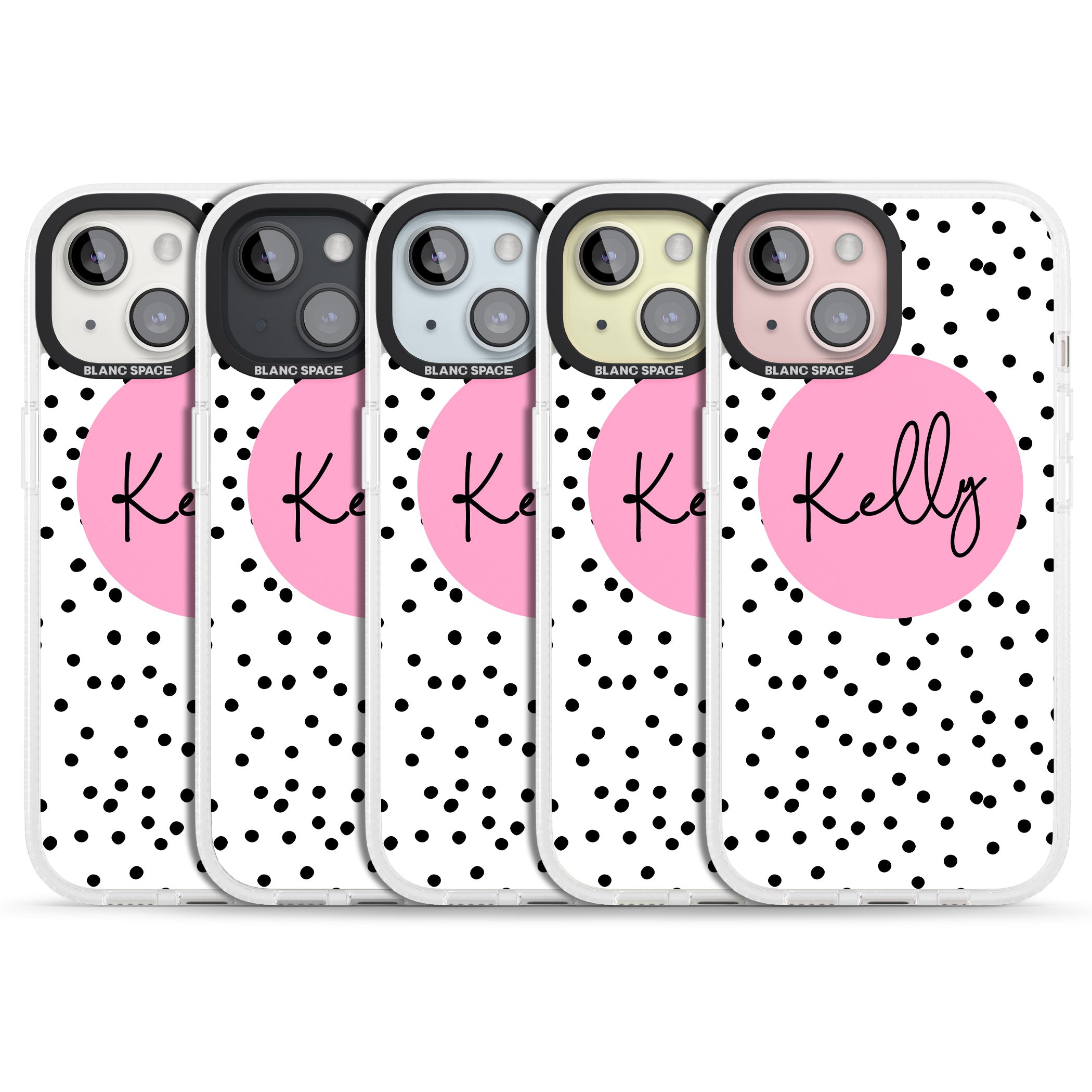 Personalised Pink Circle & Dots iPhone 15 / 14 / 13 Clear Case Impact Air - Blanc Space