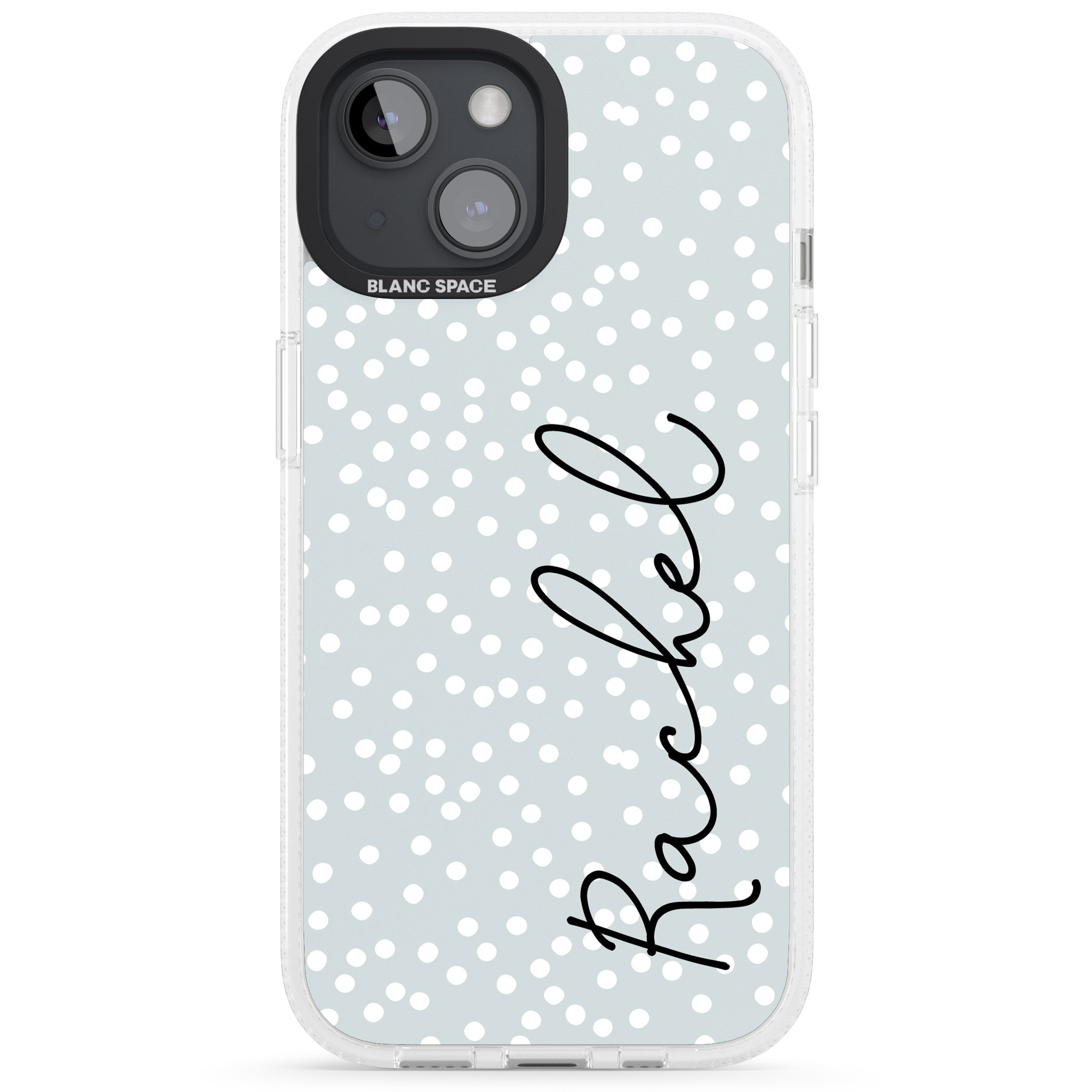 Personalised Vertical Cursive & Dots iPhone 15 / 14 / 13 Clear Case Impact Air - Blanc Space