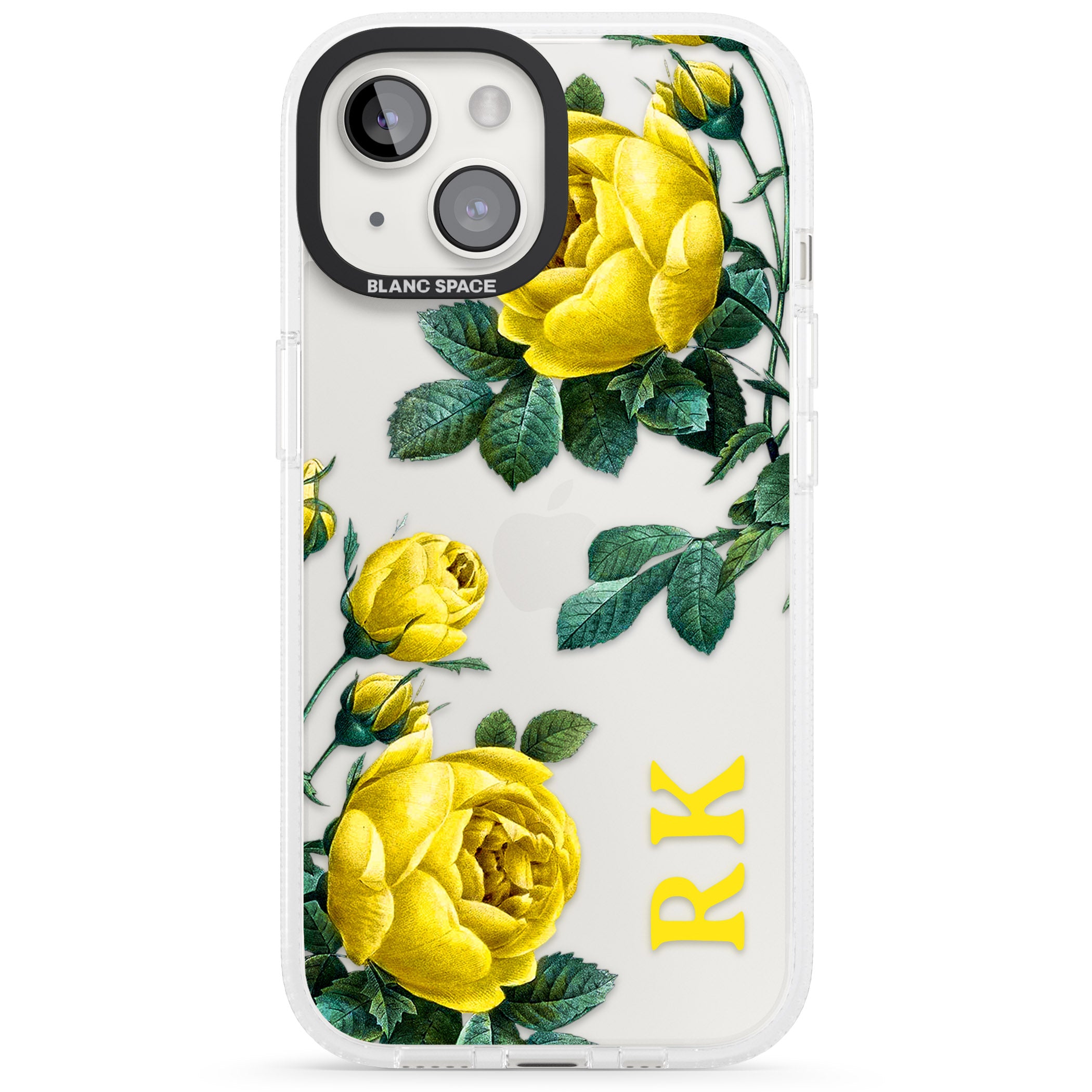 Personalised Clear Vintage Floral Yellow Roses iPhone 15 / 14 / 13 Clear Case Impact Air - Blanc Space