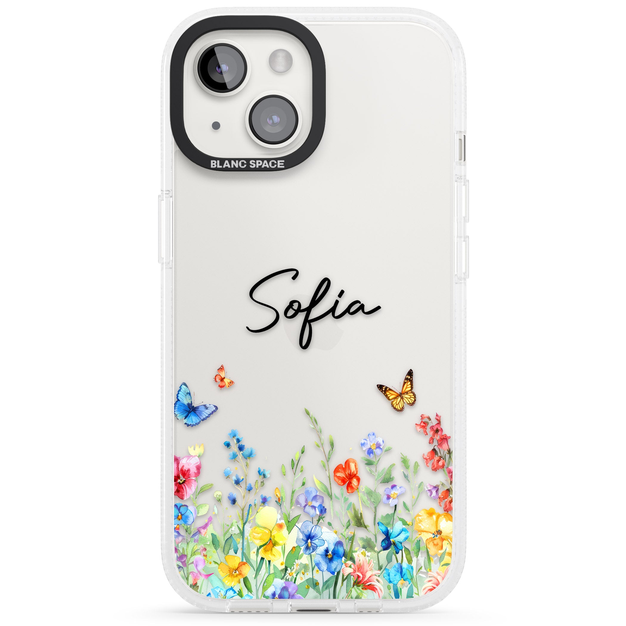 Personalised Butterflies & Wildflowers iPhone 15 / 14 / 13 Clear Case Impact Air - Blanc Space