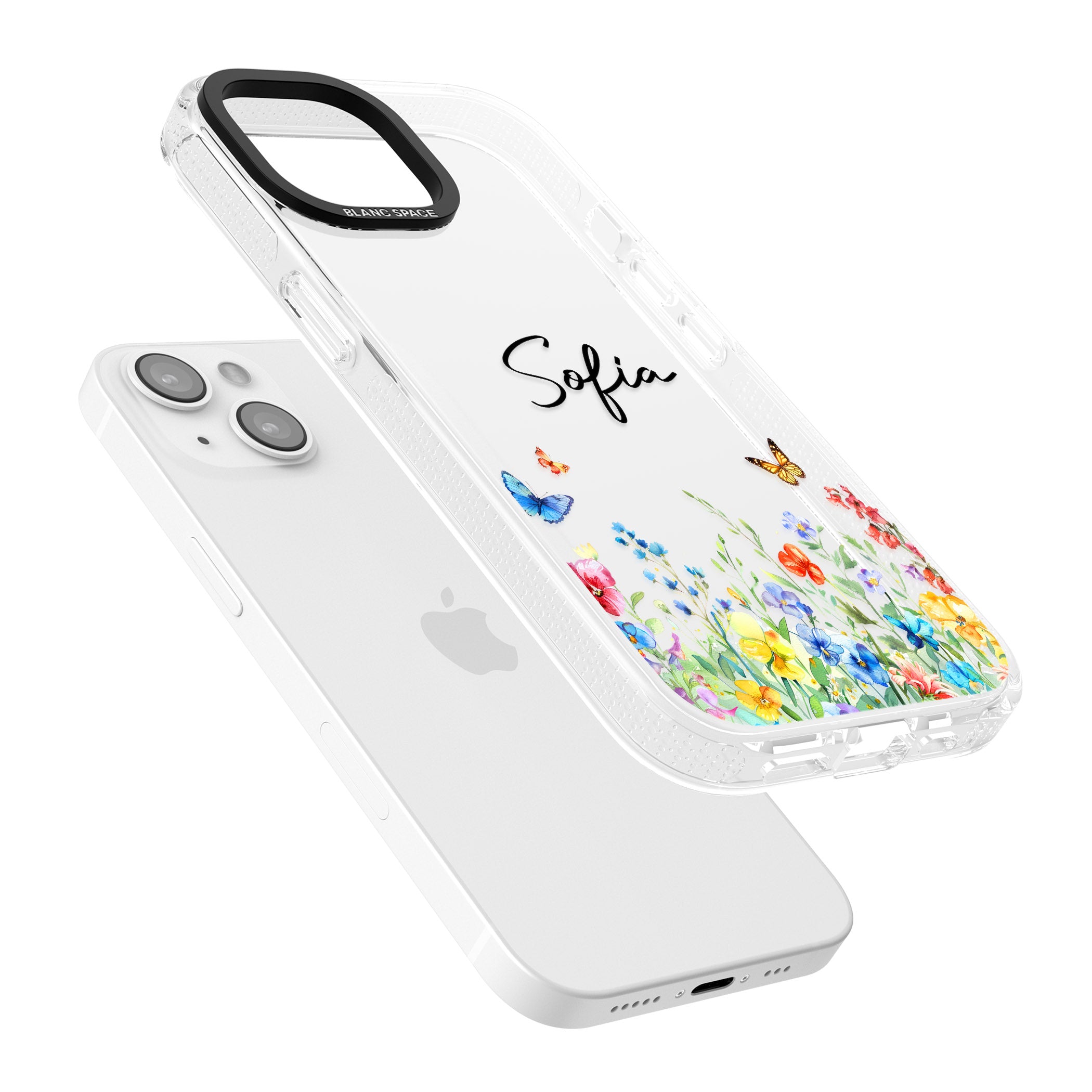 Personalised Butterflies & Wildflowers iPhone 15 / 14 / 13 Clear Case Impact Air - Blanc Space