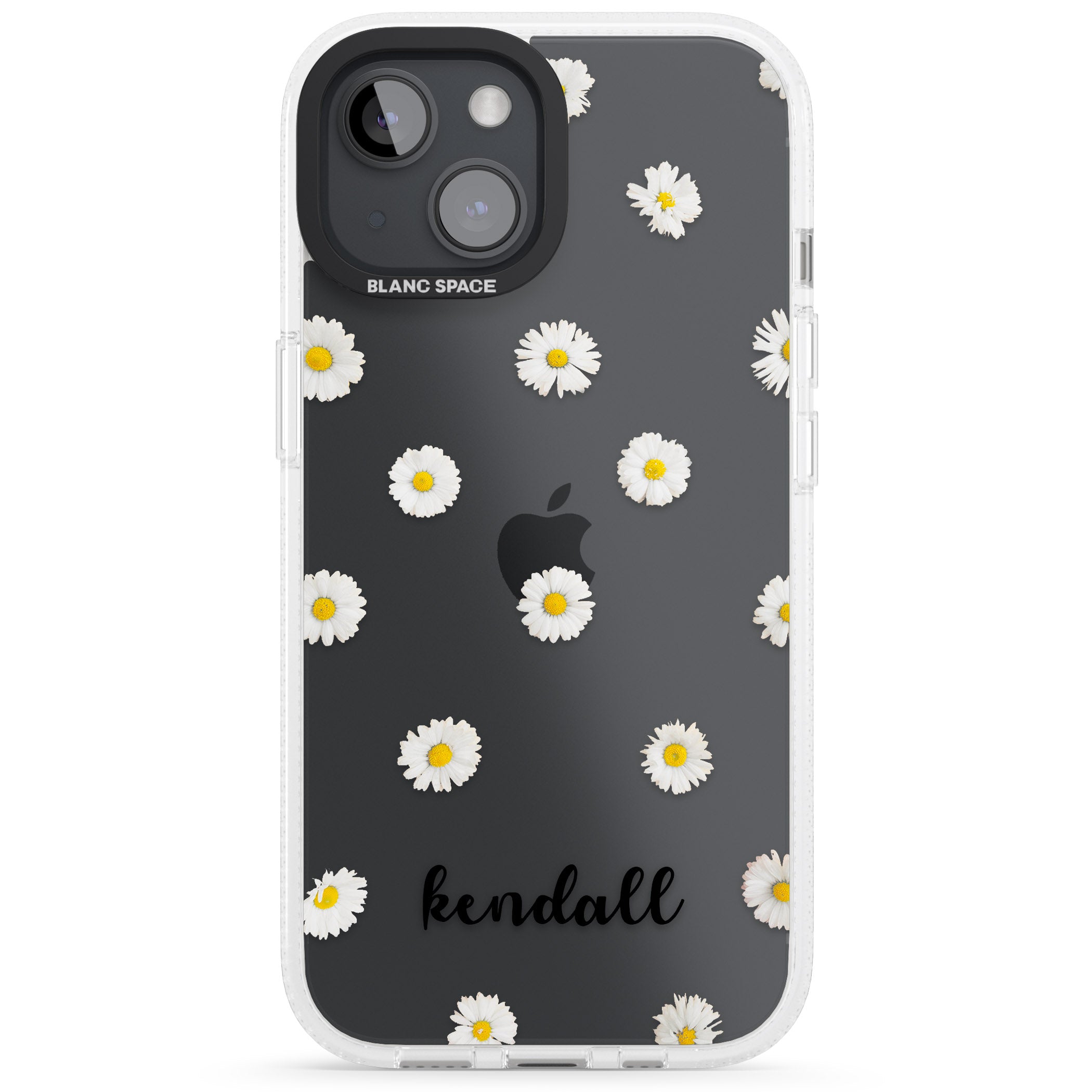 Personalised White Daisies & Cursive iPhone 15 / 14 / 13 Clear Case Impact Air - Blanc Space