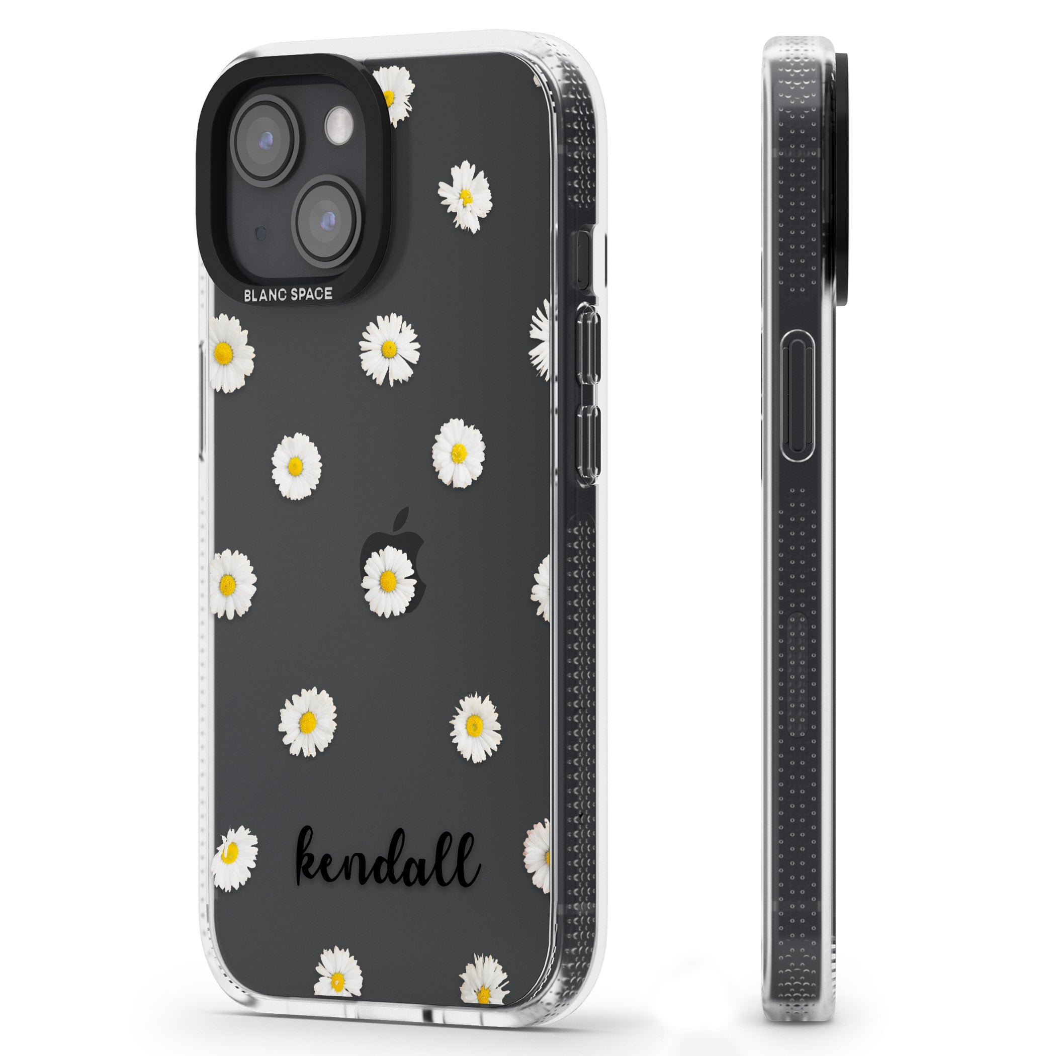 Personalised White Daisies & Cursive iPhone 15 / 14 / 13 Clear Case Impact Air - Blanc Space