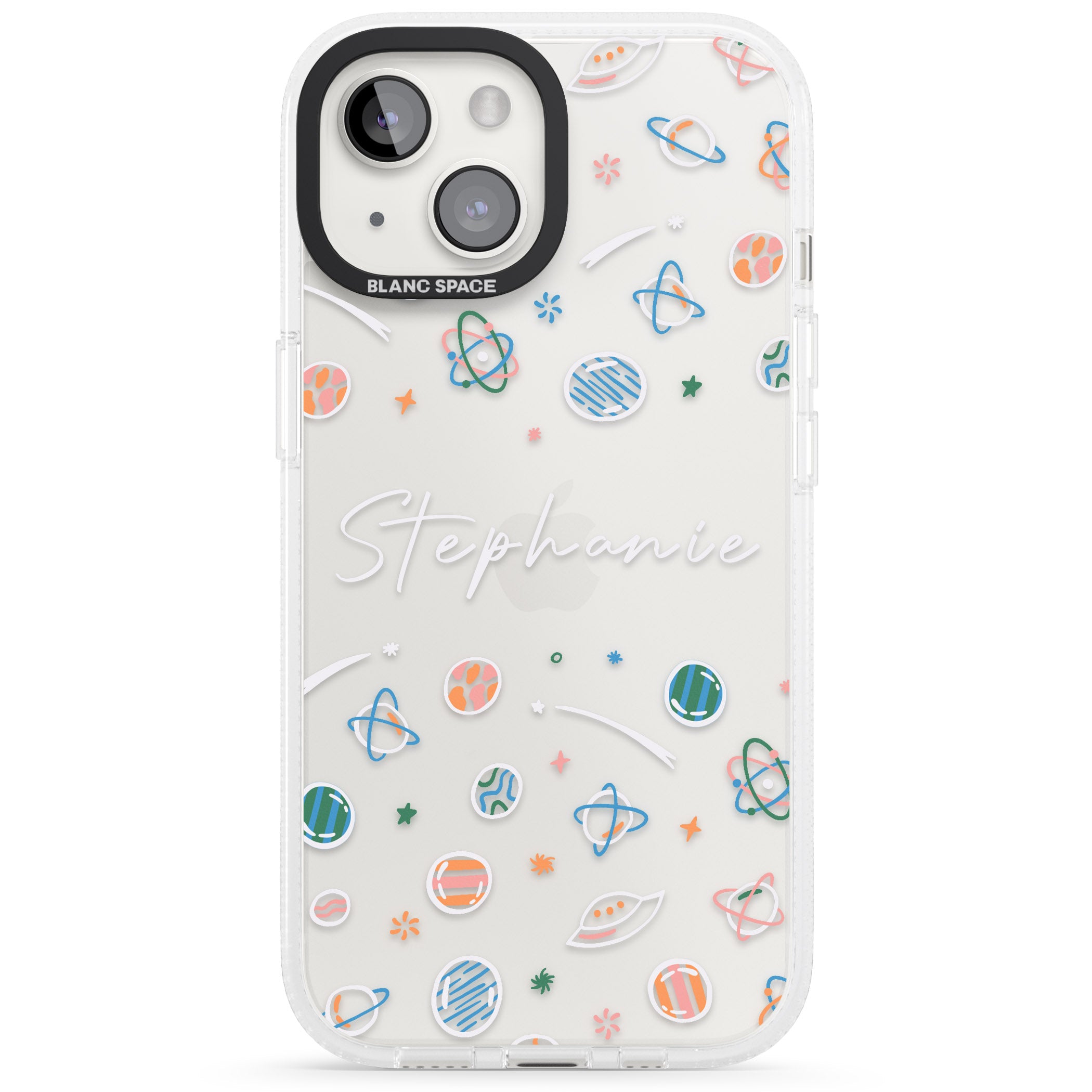 Personalised Space Pattern White iPhone 15 / 14 / 13 Clear Case Impact Air - Blanc Space