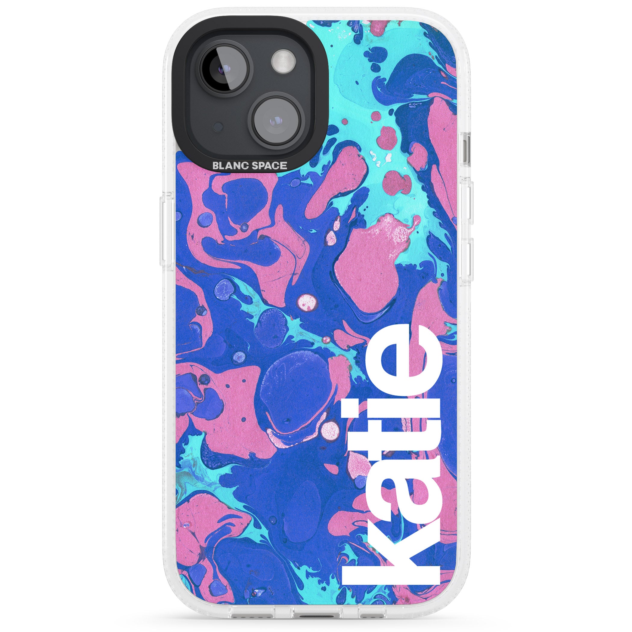 Personalised Navy, Turquoise + Purple - Marbled iPhone 15 / 14 / 13 Clear Case Impact Air - Blanc Space