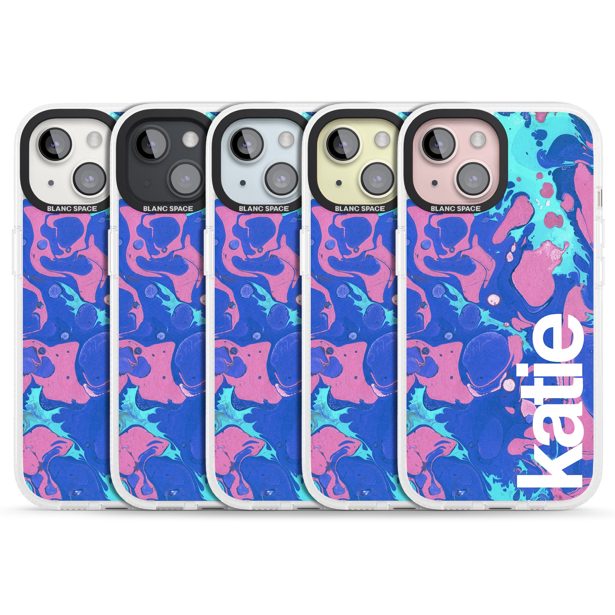 Personalised Navy, Turquoise + Purple - Marbled iPhone 15 / 14 / 13 Clear Case Impact Air - Blanc Space