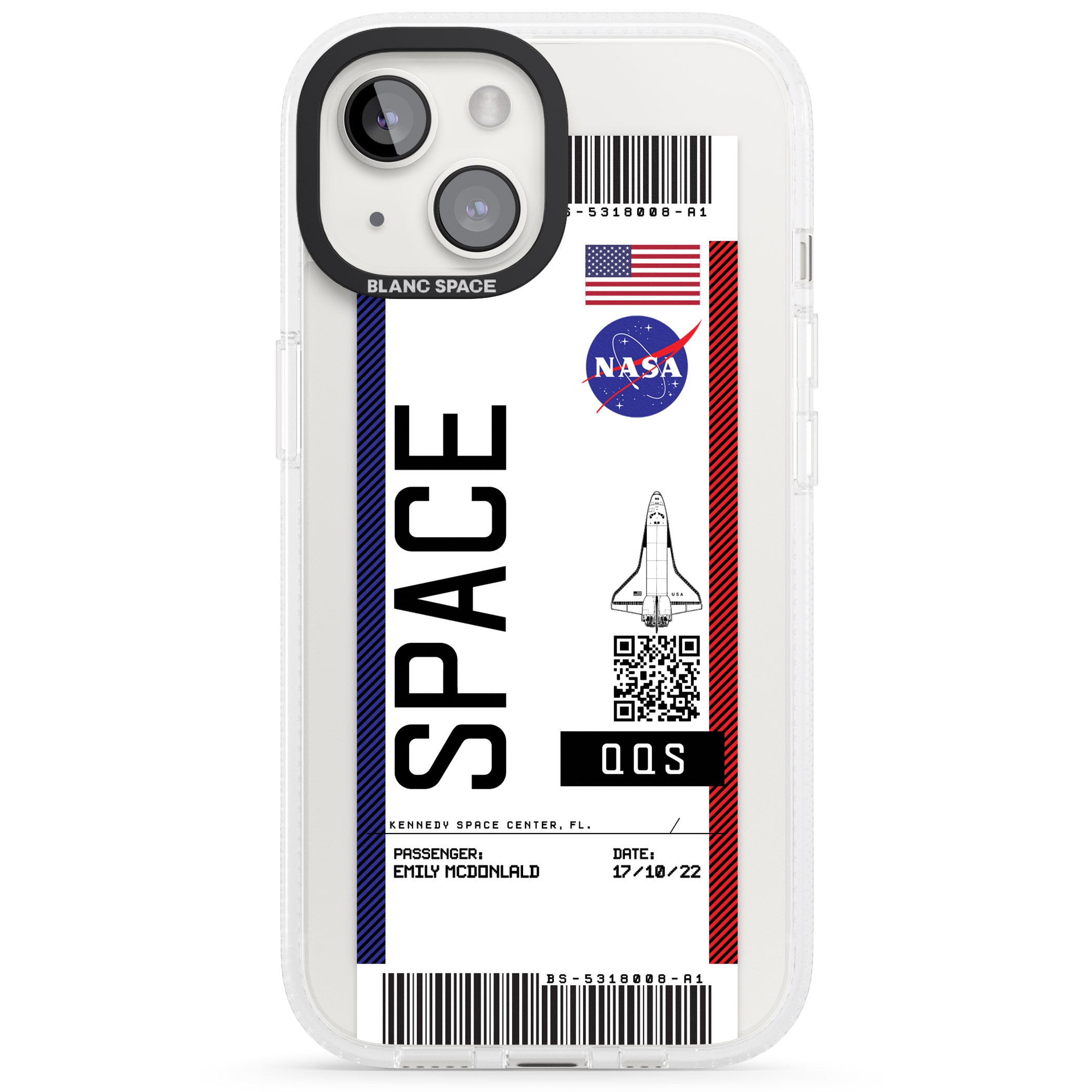 Personalised NASA Boarding Pass (Light) iPhone 15 / 14 / 13 Clear Case Impact Air - Blanc Space