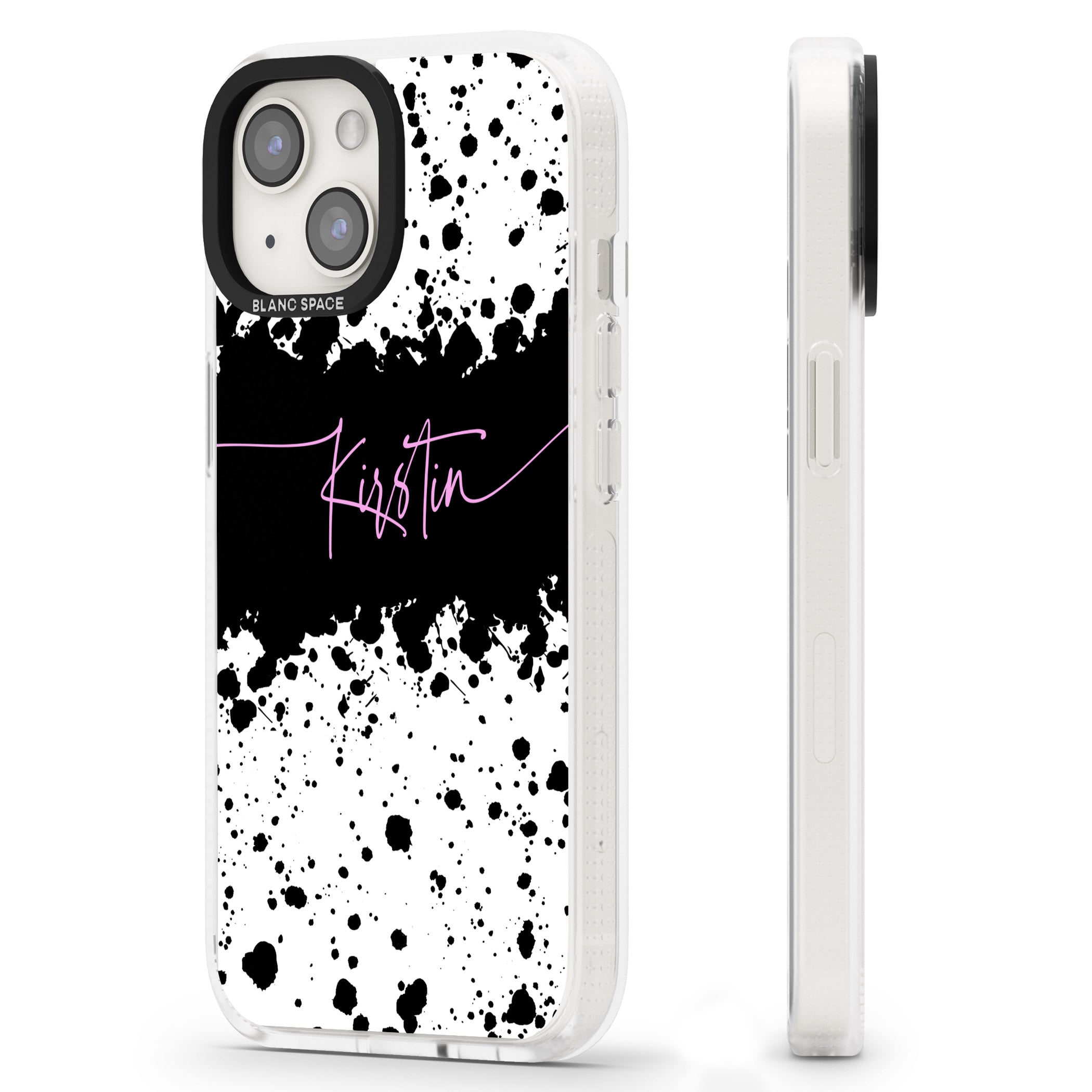Personalised Black & White Paint Splatters iPhone 15 / 14 / 13 Clear Case Impact Air - Blanc Space