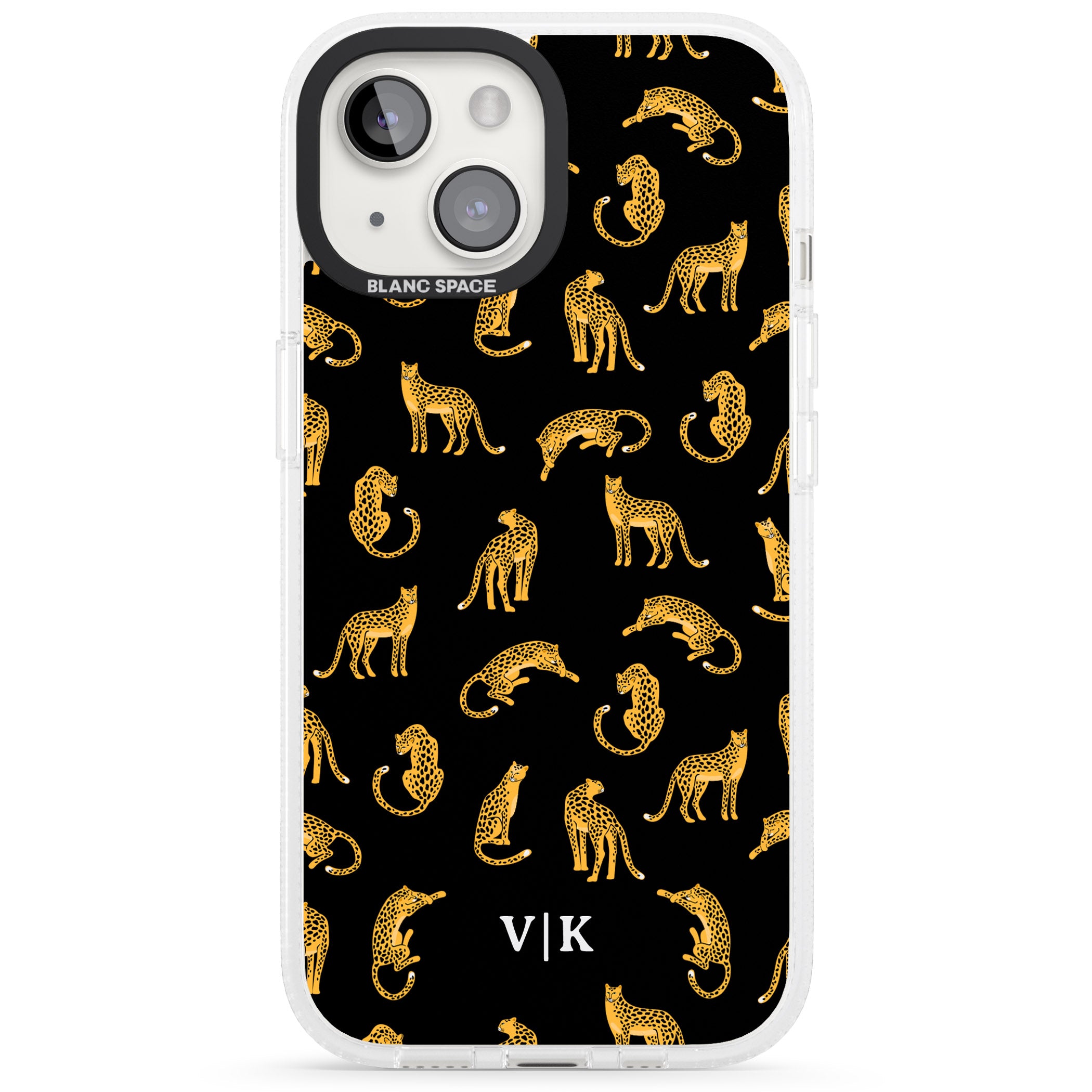 Personalised Cheetah Pattern: Black iPhone 15 / 14 / 13 Clear Case Impact Air - Blanc Space