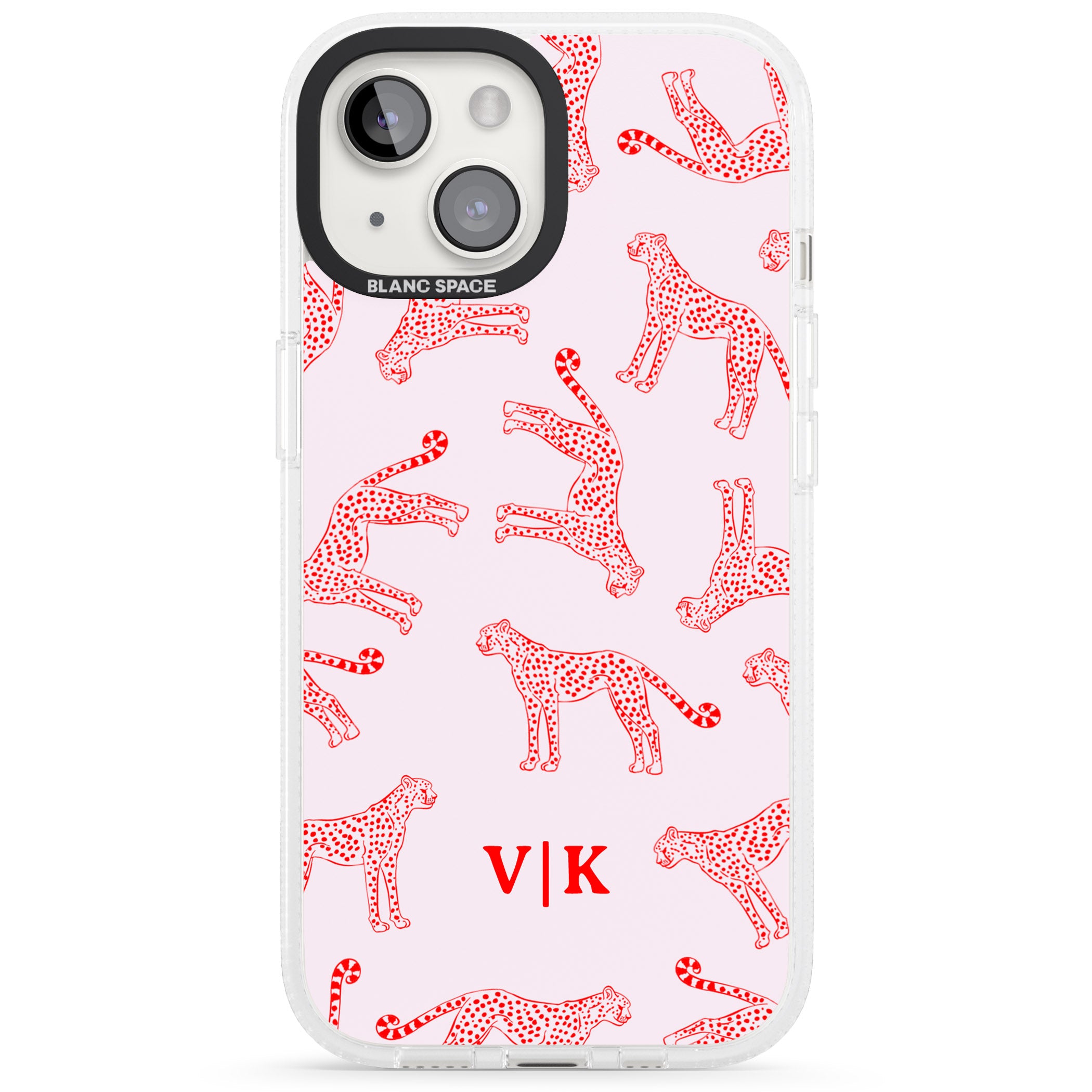 Personalised + Red & Pink Cheetah iPhone 15 / 14 / 13 Clear Case Impact Air - Blanc Space