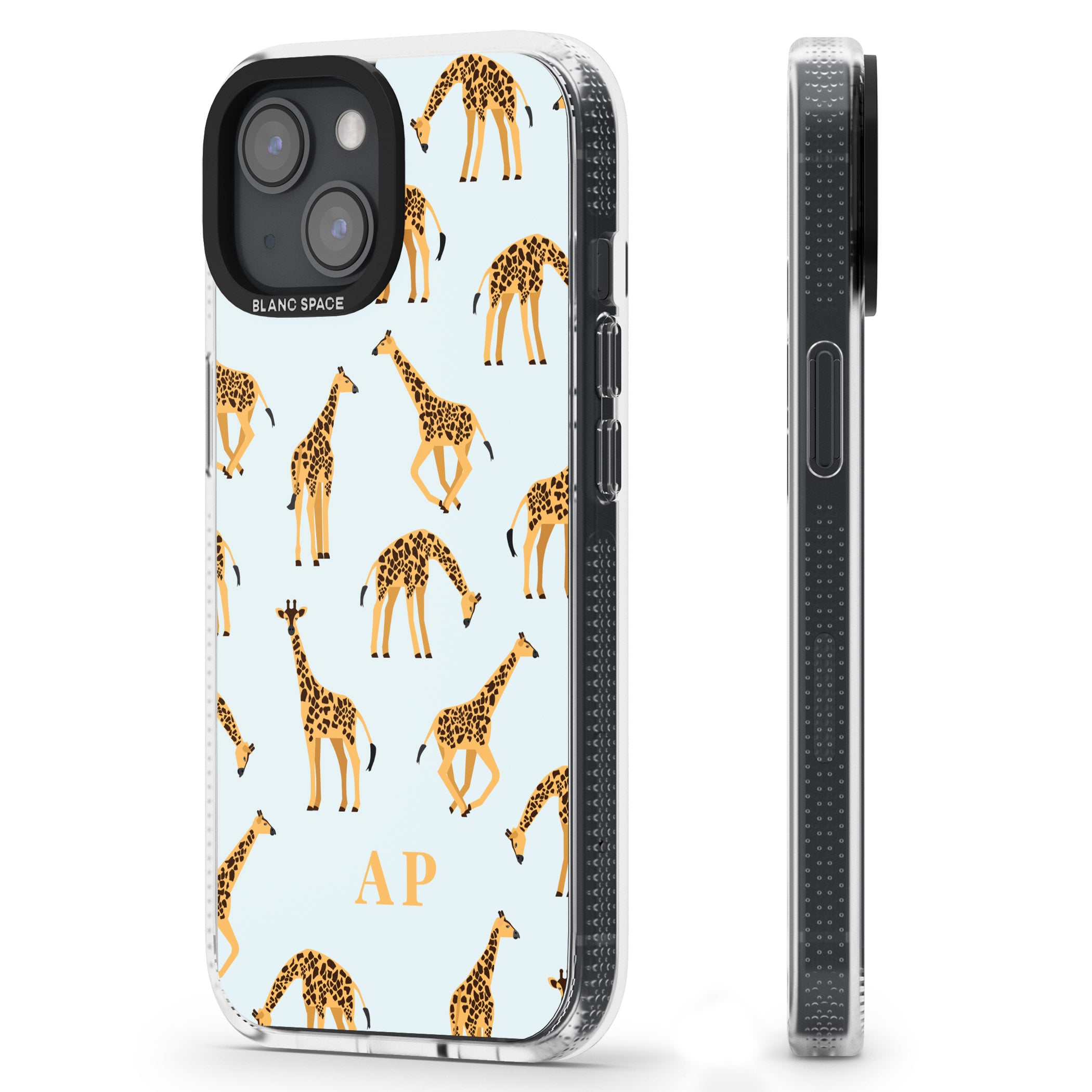 Personalised Safari Giraffe Pattern on Blue iPhone 15 / 14 / 13 Clear Case Impact Air - Blanc Space