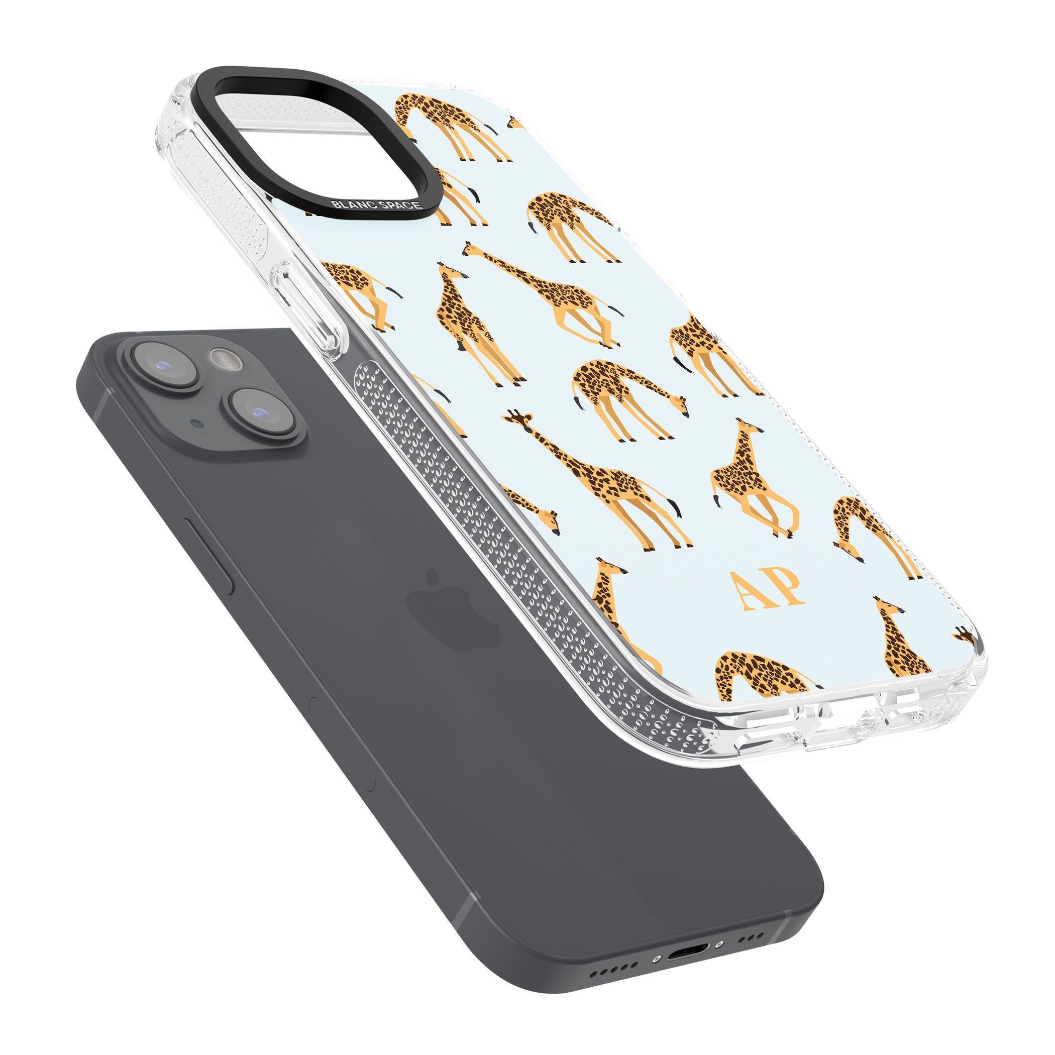 Personalised Safari Giraffe Pattern on Blue iPhone 15 / 14 / 13 Clear Case Impact Air - Blanc Space