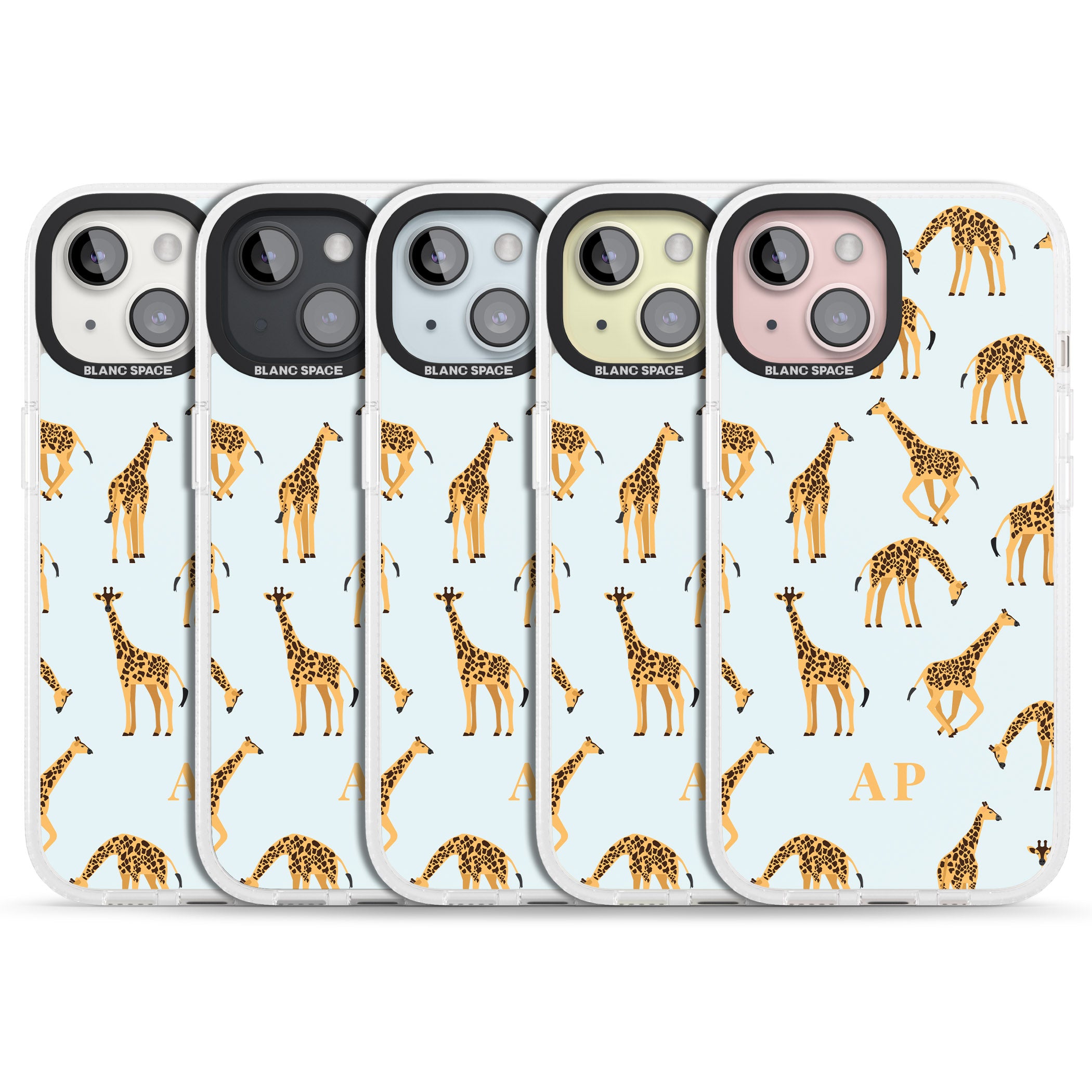 Personalised Safari Giraffe Pattern on Blue iPhone 15 / 14 / 13 Clear Case Impact Air - Blanc Space
