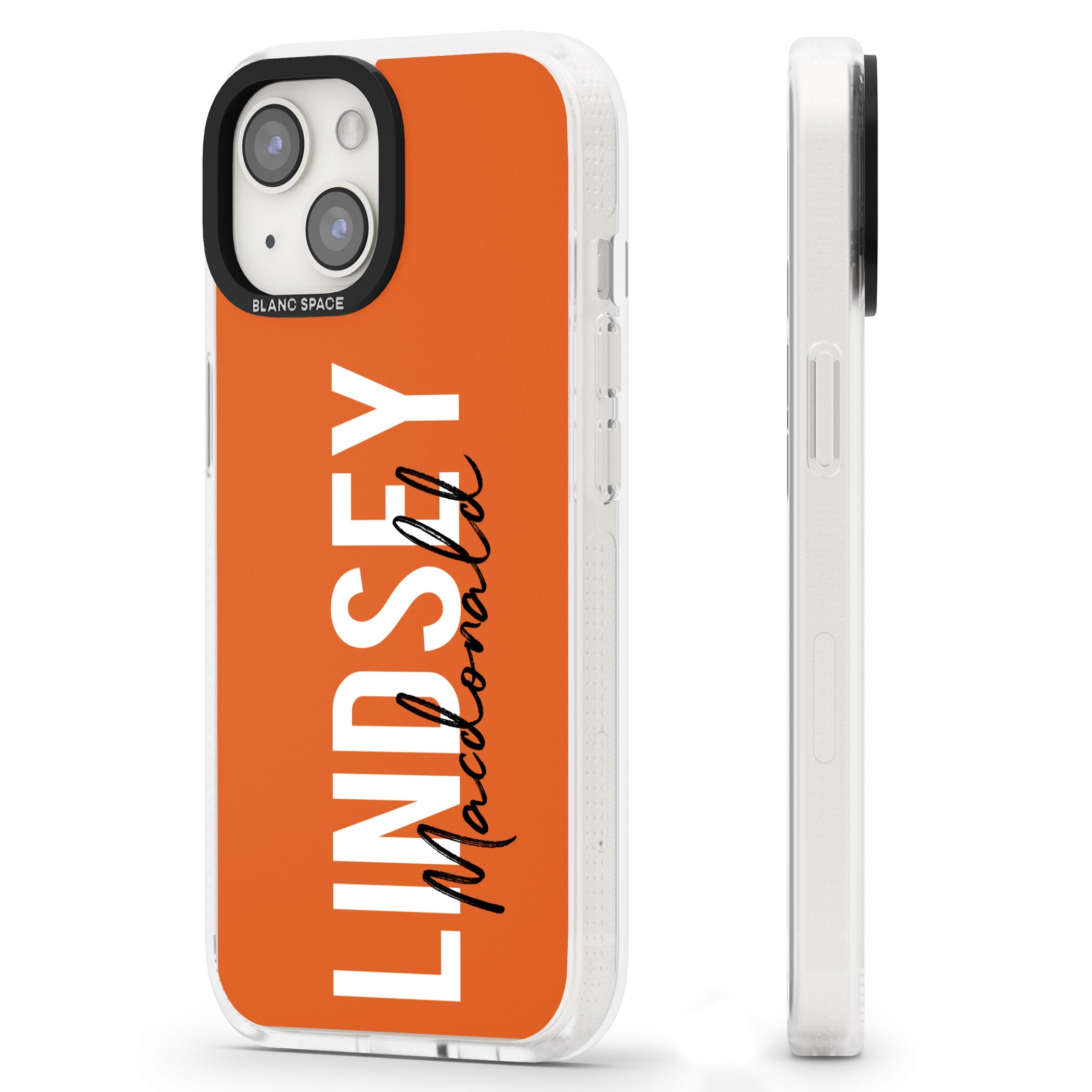 Personalised Bold Name: Orange iPhone 15 / 14 / 13 Clear Case Impact Air - Blanc Space