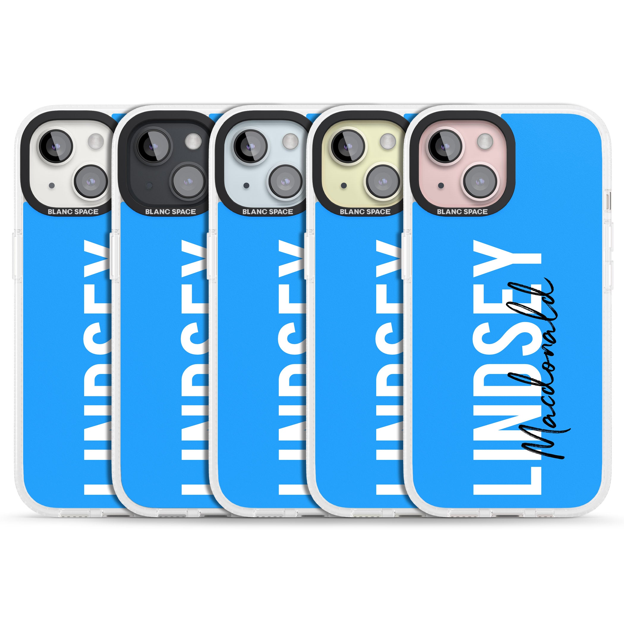 Personalised Bold Name: Blue iPhone 15 / 14 / 13 Clear Case Impact Air - Blanc Space