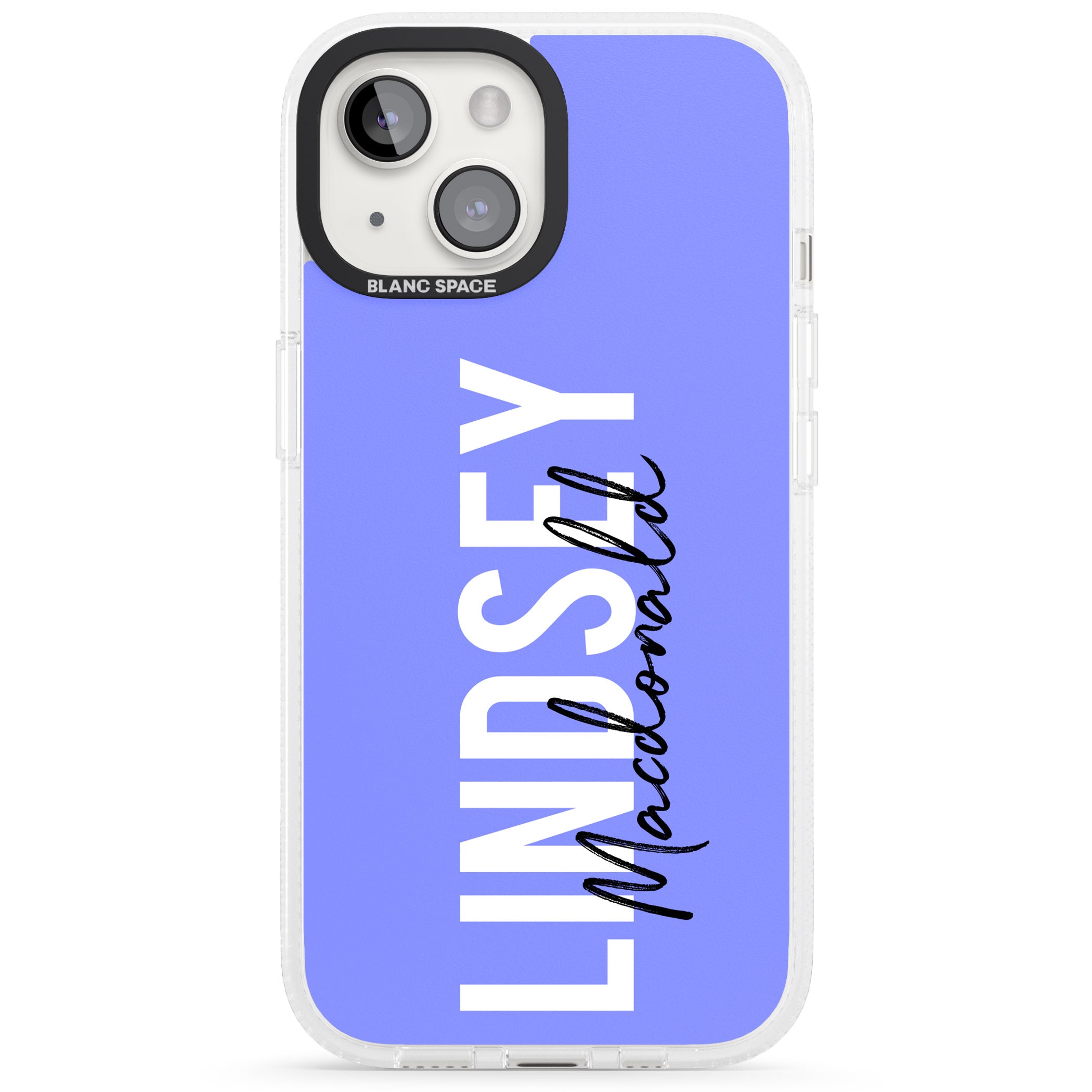 Personalised Bold Name: Purple iPhone 15 / 14 / 13 Clear Case Impact Air - Blanc Space