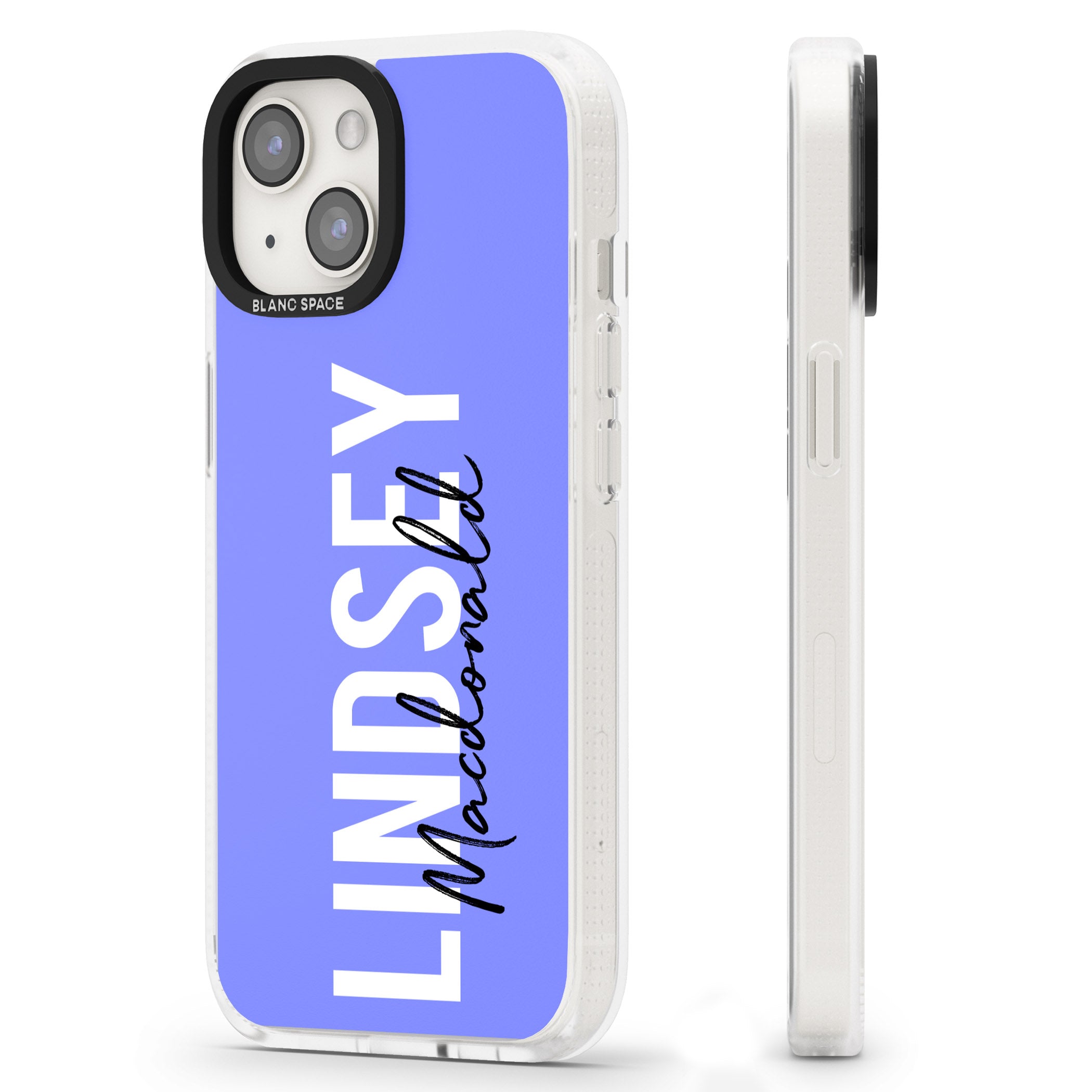 Personalised Bold Name: Purple iPhone 15 / 14 / 13 Clear Case Impact Air - Blanc Space