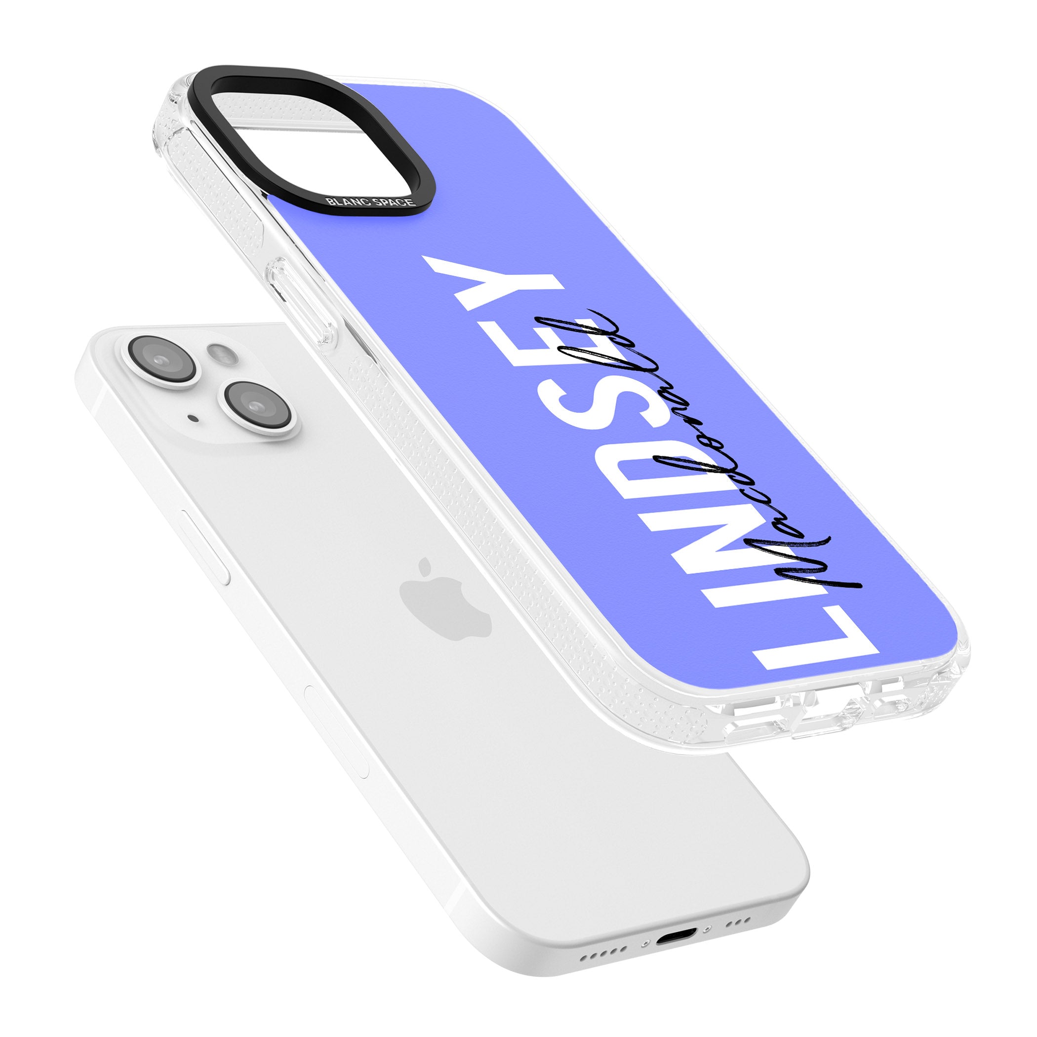Personalised Bold Name: Purple iPhone 15 / 14 / 13 Clear Case Impact Air - Blanc Space