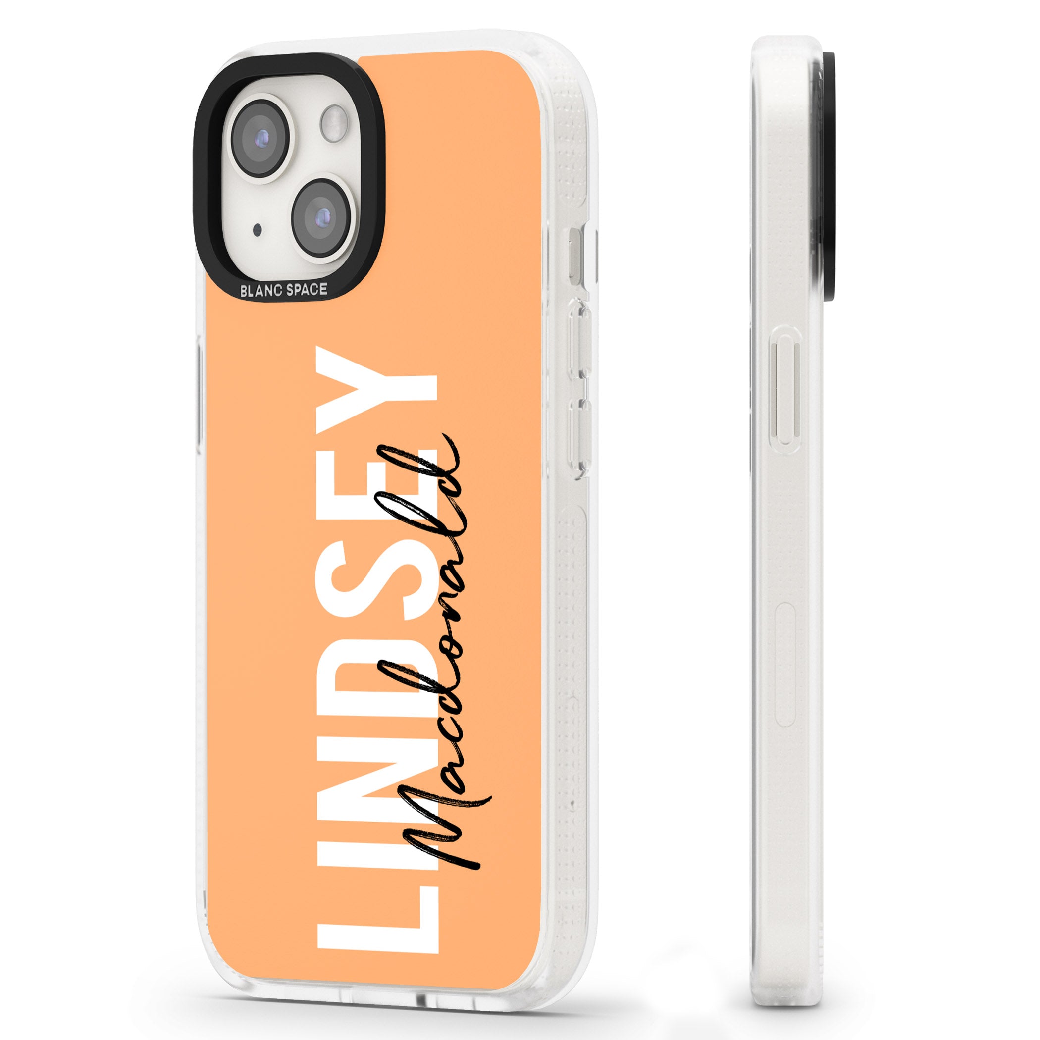 Personalised Bold Name: Peach iPhone 15 / 14 / 13 Clear Case Impact Air - Blanc Space