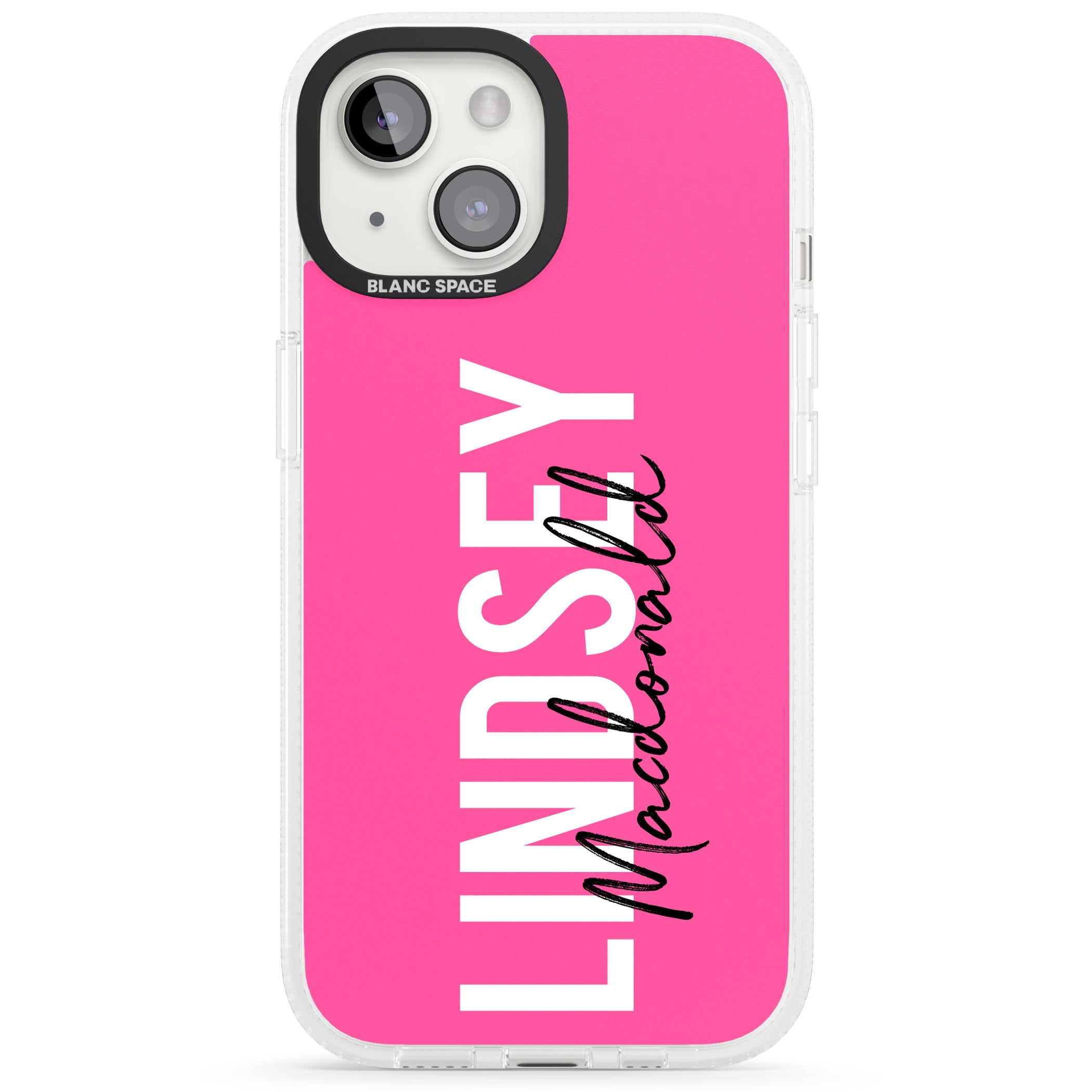 Personalised Bold Name: Pink iPhone 15 / 14 / 13 Clear Case Impact Air - Blanc Space