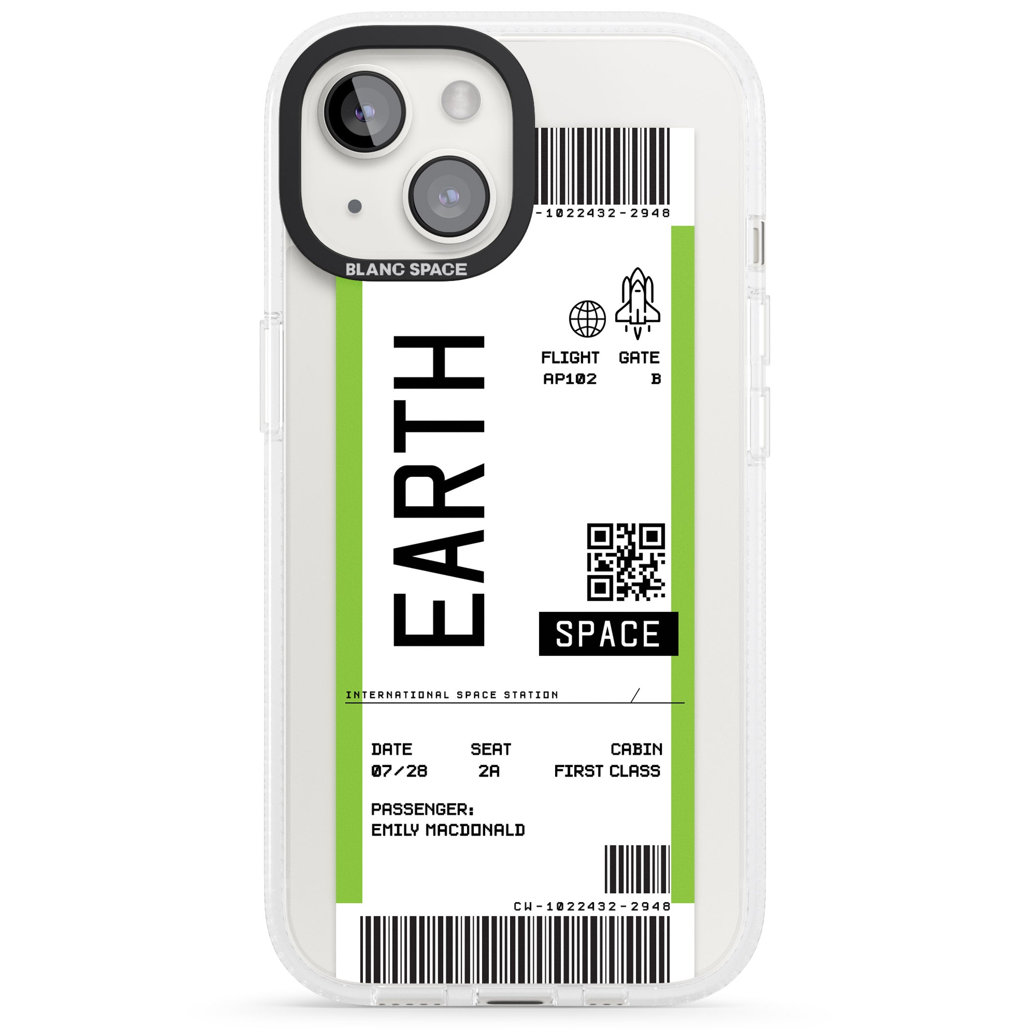 Personalised Earth Space Travel Ticket iPhone 15 / 14 / 13 Clear Case Impact Air - Blanc Space