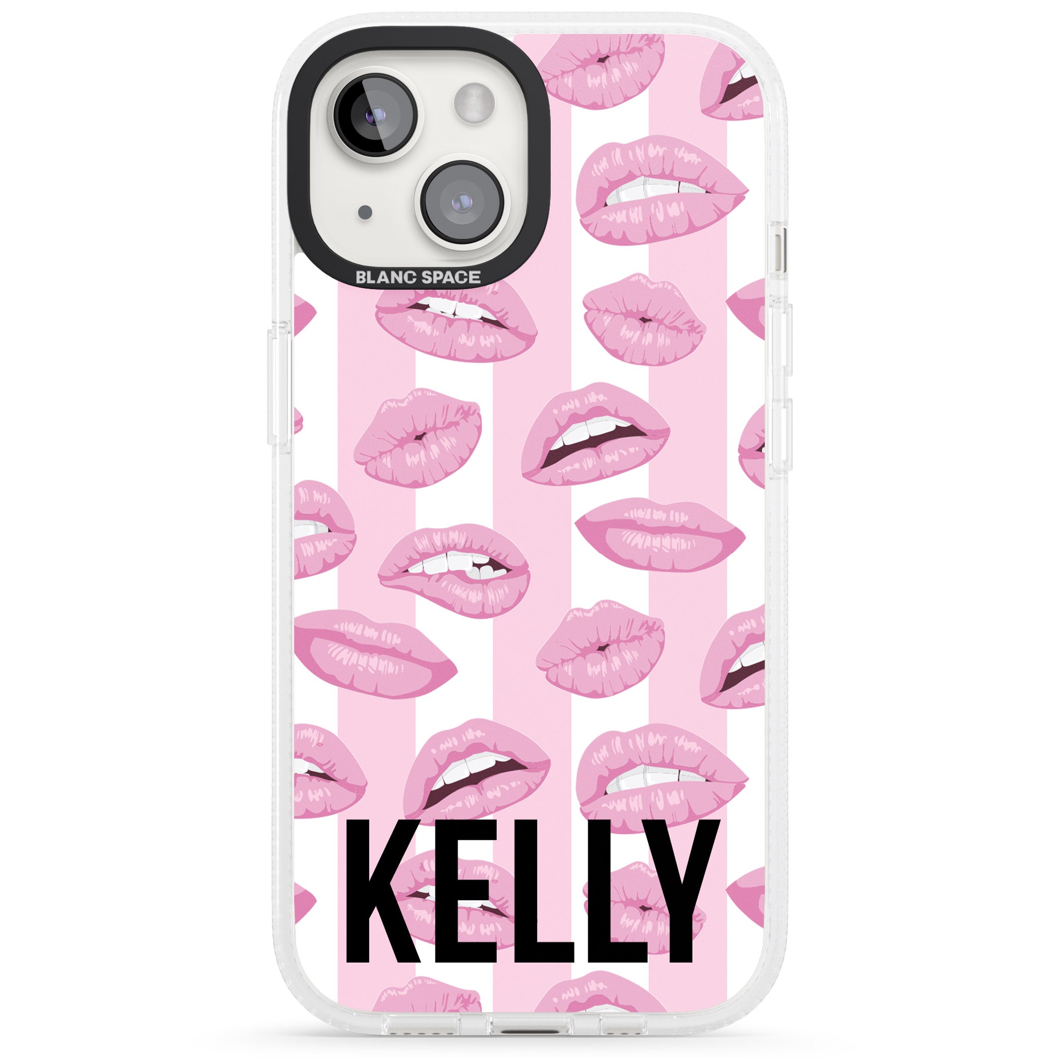Personalised Pink Stripes & Lips iPhone 15 / 14 / 13 Clear Case Impact Air - Blanc Space