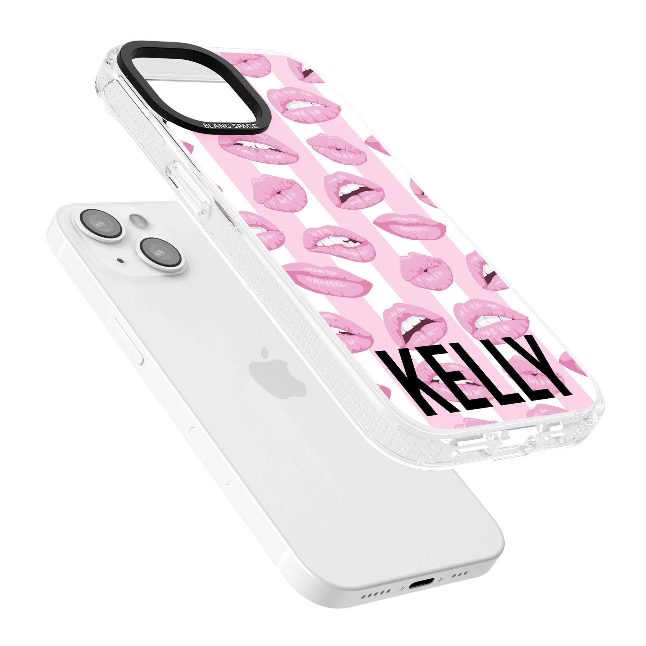 Personalised Pink Stripes & Lips iPhone 15 / 14 / 13 Clear Case Impact Air - Blanc Space