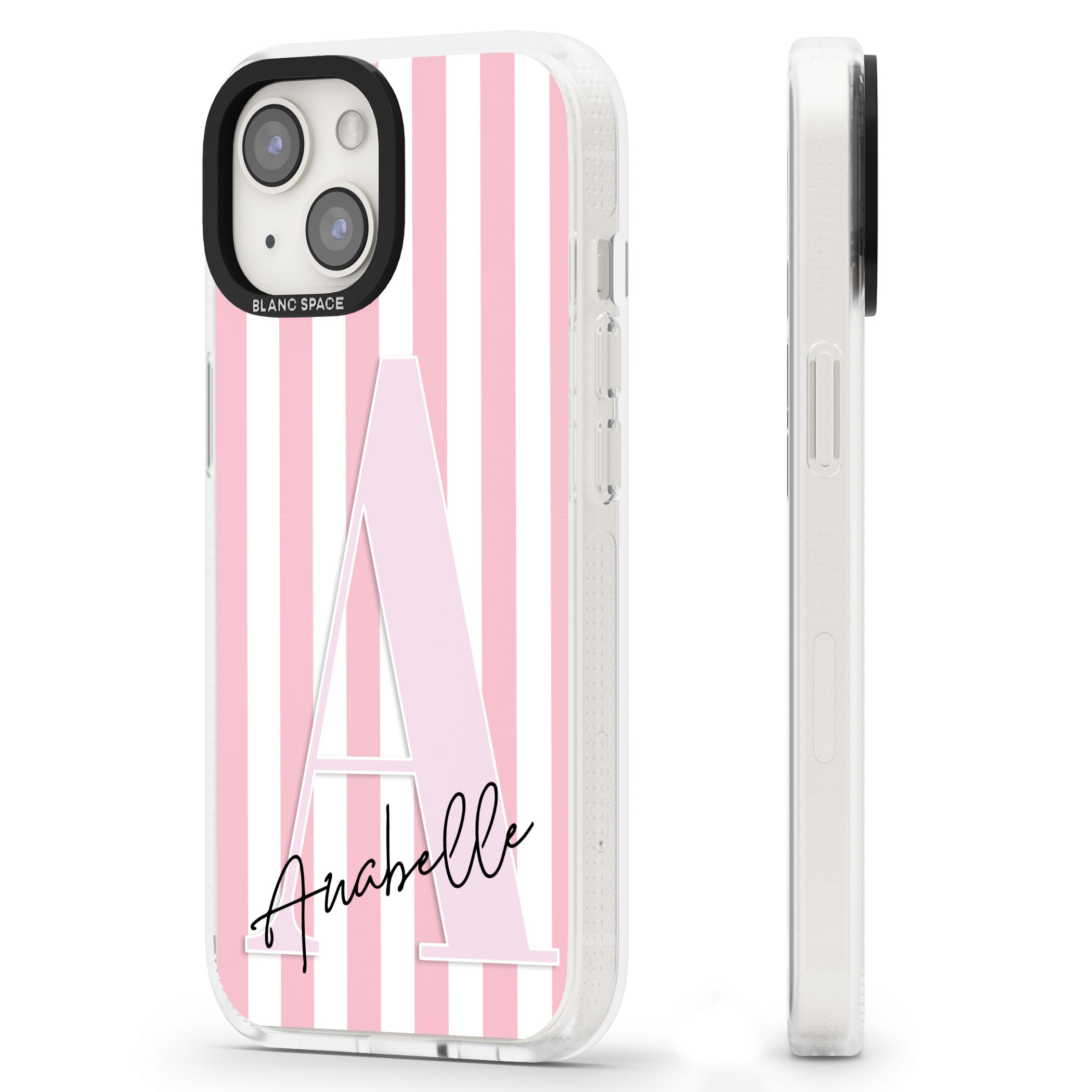 Personalised Pink Stripes & Large Monogram iPhone 15 / 14 / 13 Clear Case Impact Air - Blanc Space