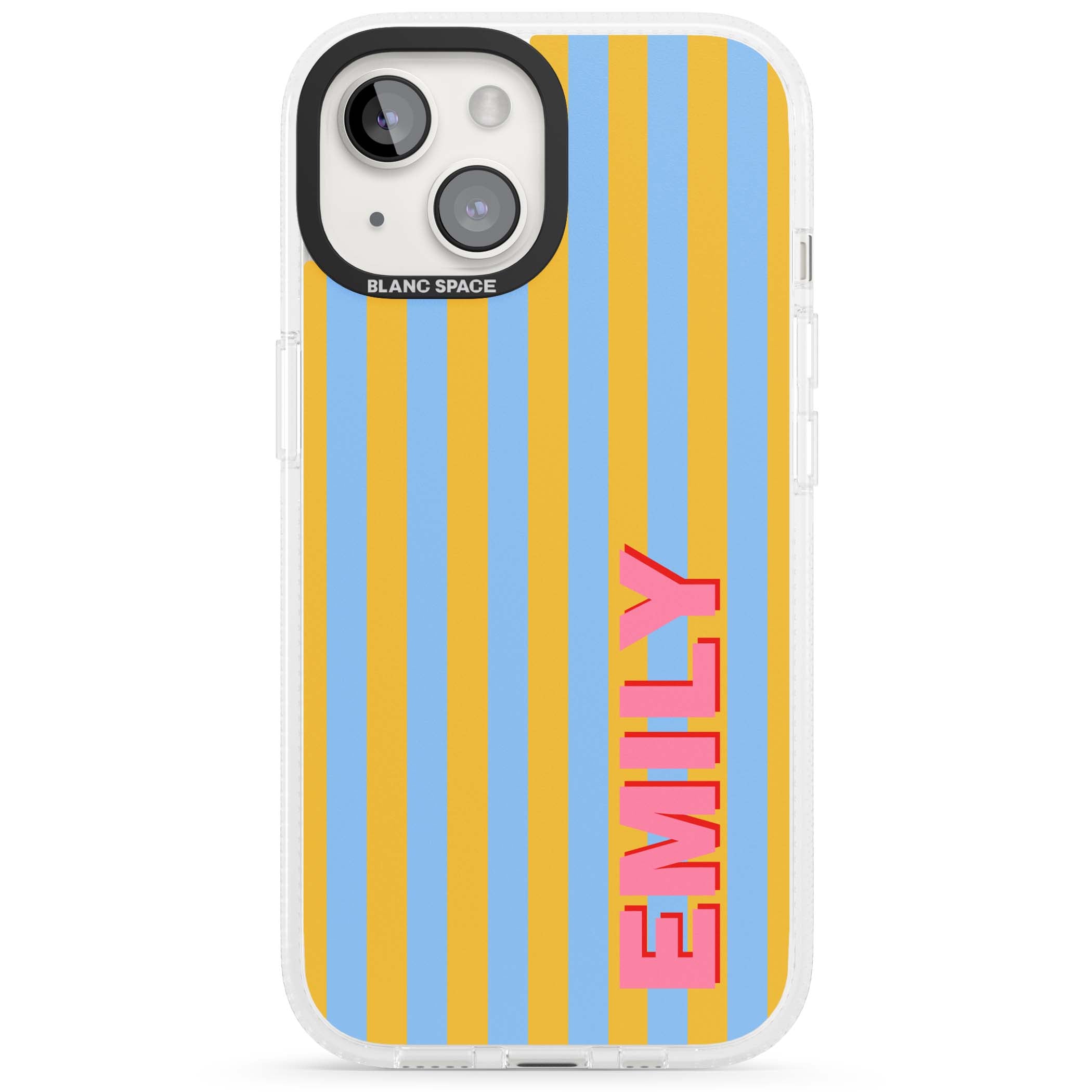 Carribean Stripe personalised coastal iPhone case with yellow and blue vertical stripes and a custom pink name | Clear Case Impact Air case for iPhone 15, iPhone 15 Plus