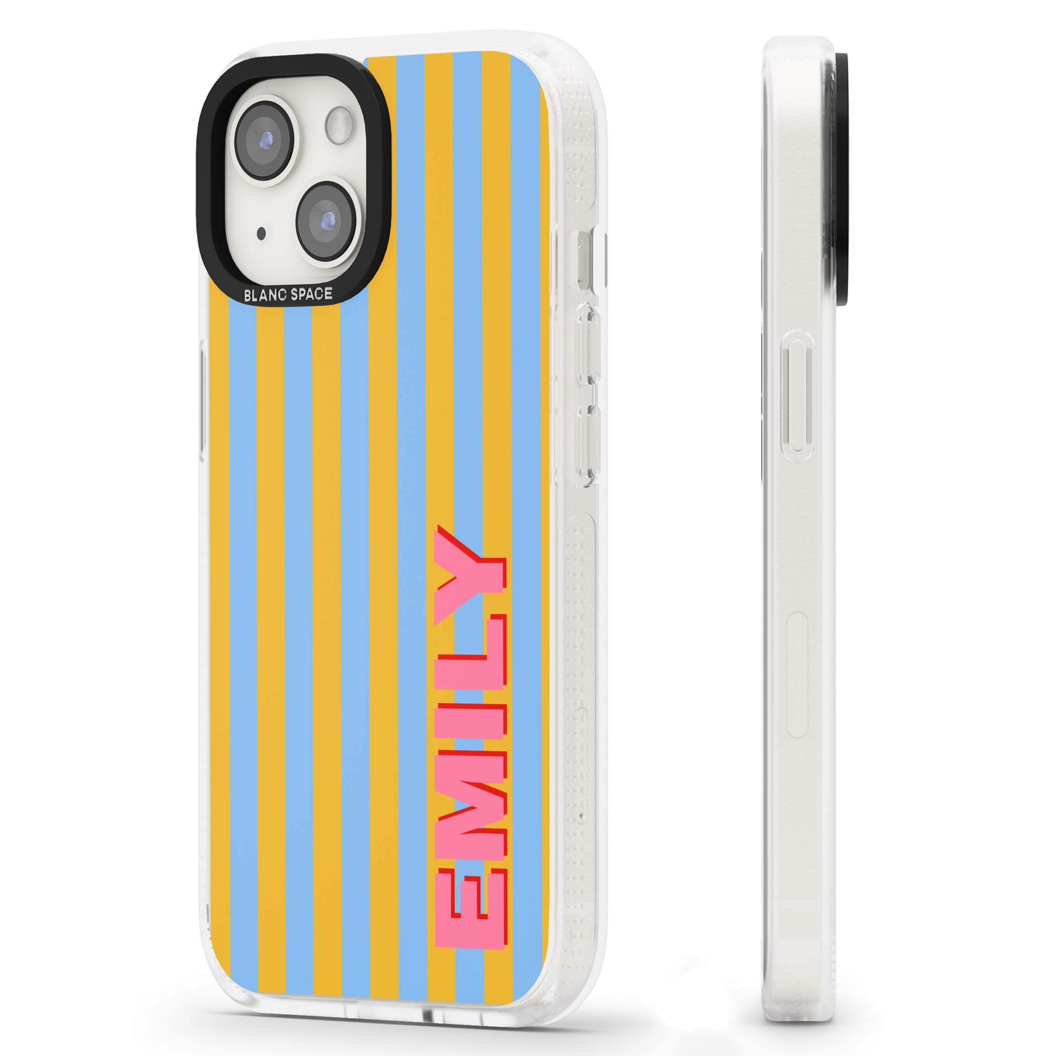 Carribean Stripe personalised coastal iPhone case with yellow and blue vertical stripes and a custom pink name | Clear Case Impact Air case for iPhone 15, iPhone 15 Plus