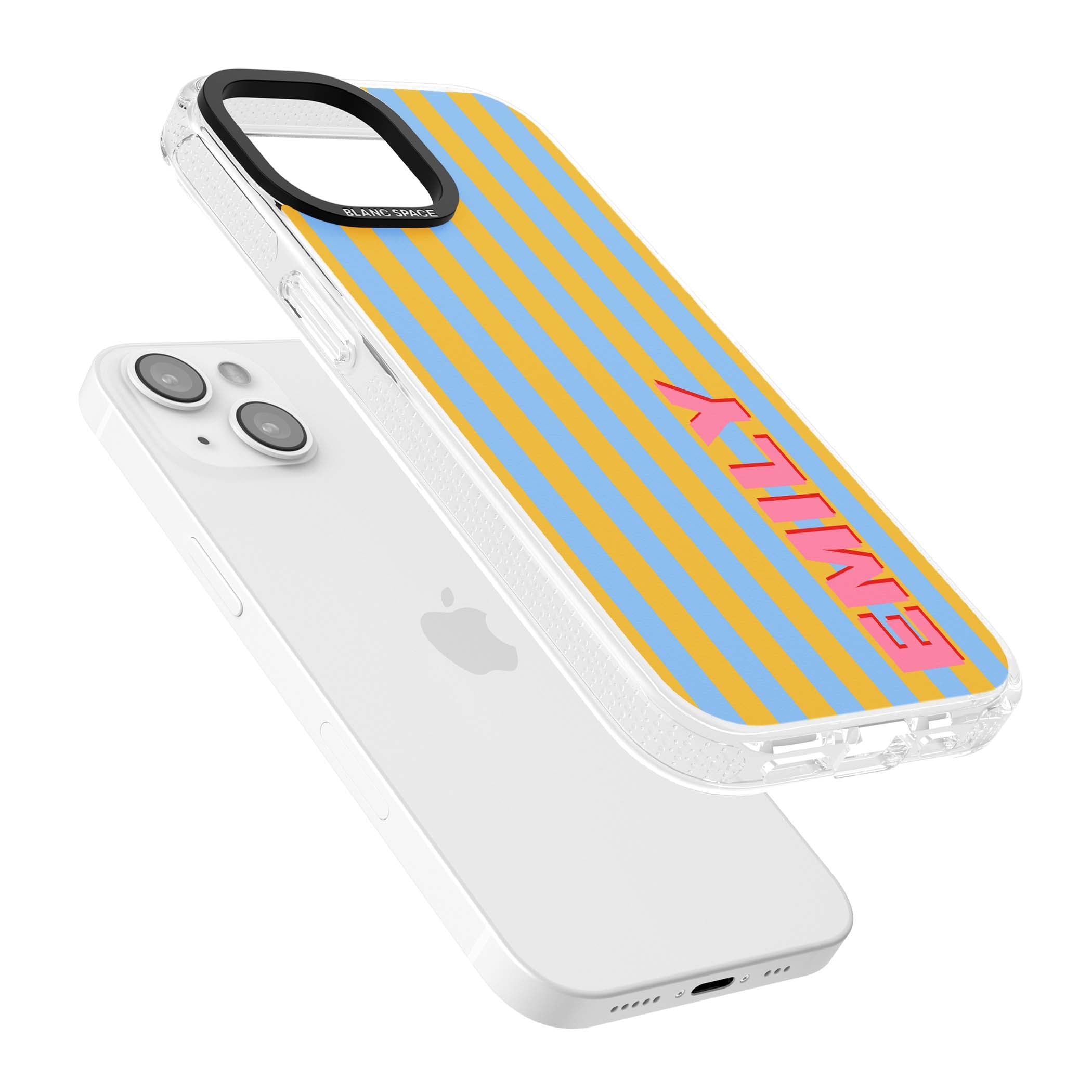Carribean Stripe personalised coastal iPhone case with yellow and blue vertical stripes and a custom pink name | Clear Case Impact Air case for iPhone 15, iPhone 15 Plus