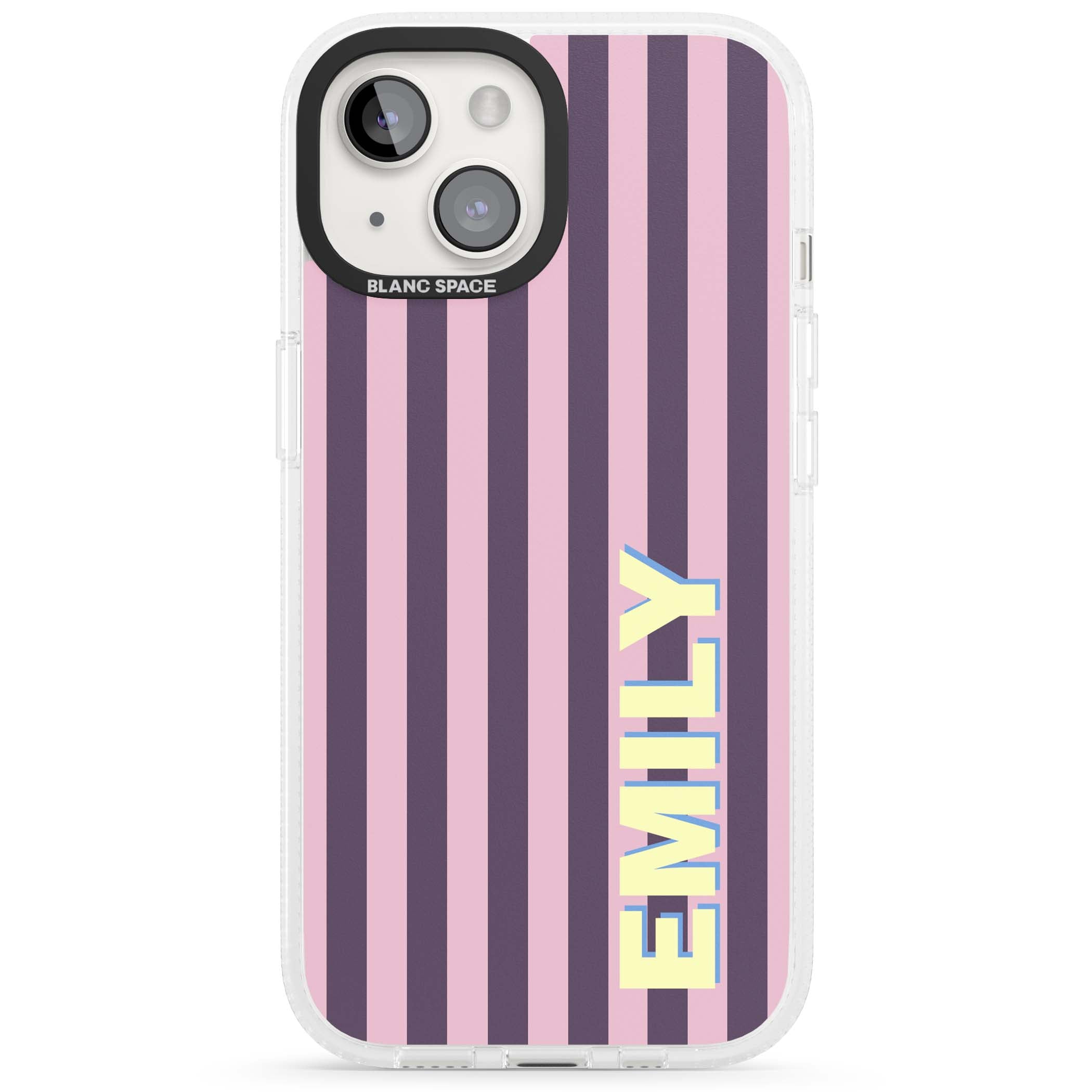 Tyre Stripe personalised stripe iPhone case with plum and pink vertical stripes and custom yellow name | Clear Case Impact Air case for iPhone 15, iPhone 15 Plus