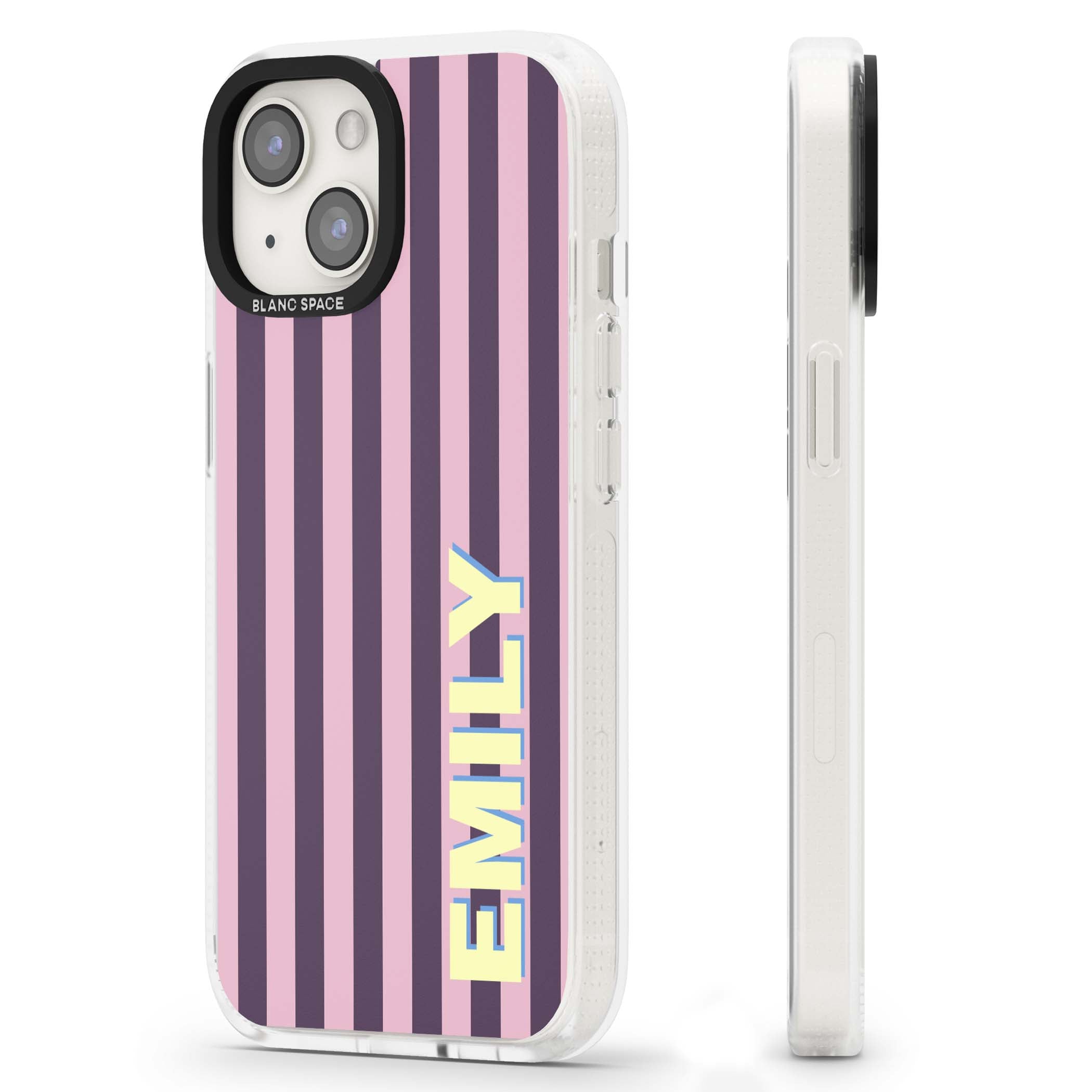 Tyre Stripe personalised stripe iPhone case with plum and pink vertical stripes and custom yellow name | Clear Case Impact Air case for iPhone 15, iPhone 15 Plus