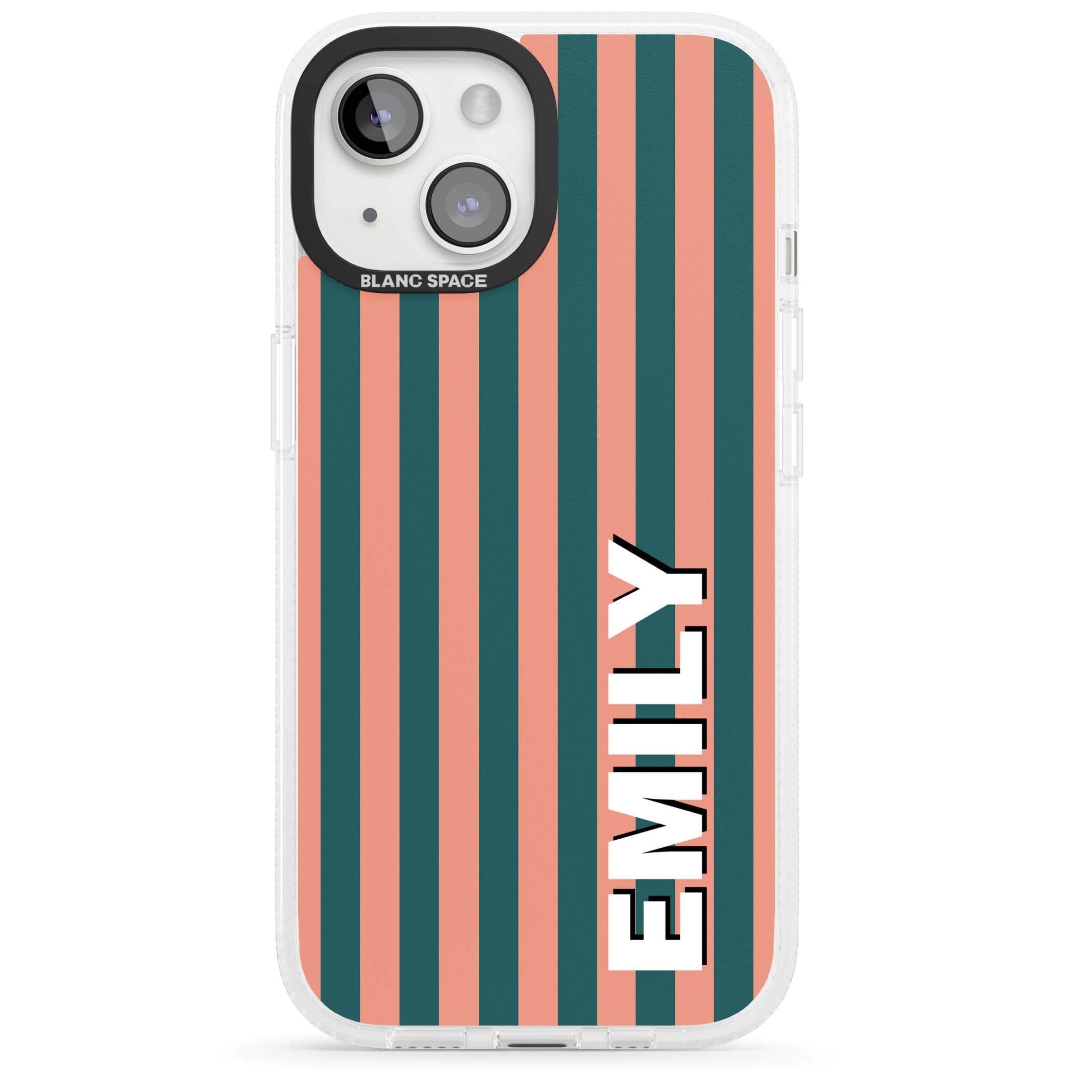 Tuscan Stripe personalised iPhone case featuring coral and green vertical stripes with bold custom name | Clear Case Impact Air case for iPhone 15, iPhone 15 Plus