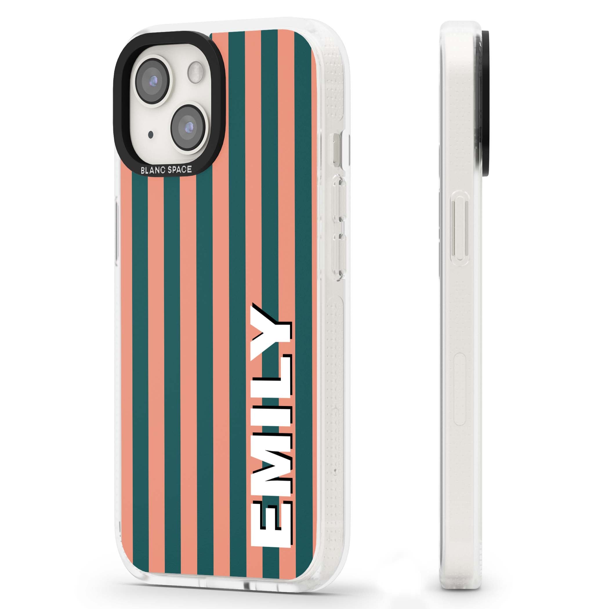 Tuscan Stripe personalised iPhone case featuring coral and green vertical stripes with bold custom name | Clear Case Impact Air case for iPhone 15, iPhone 15 Plus