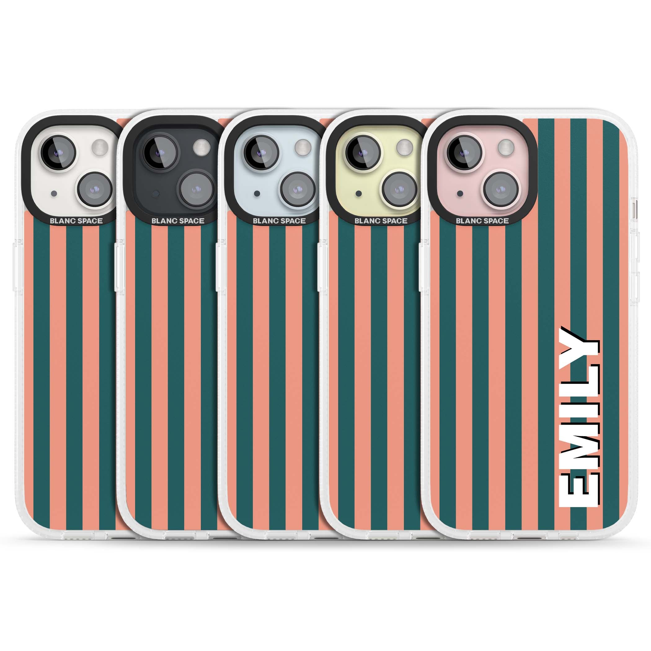 Tuscan Stripe personalised iPhone case featuring coral and green vertical stripes with bold custom name | Clear Case Impact Air case for iPhone 15, iPhone 15 Plus