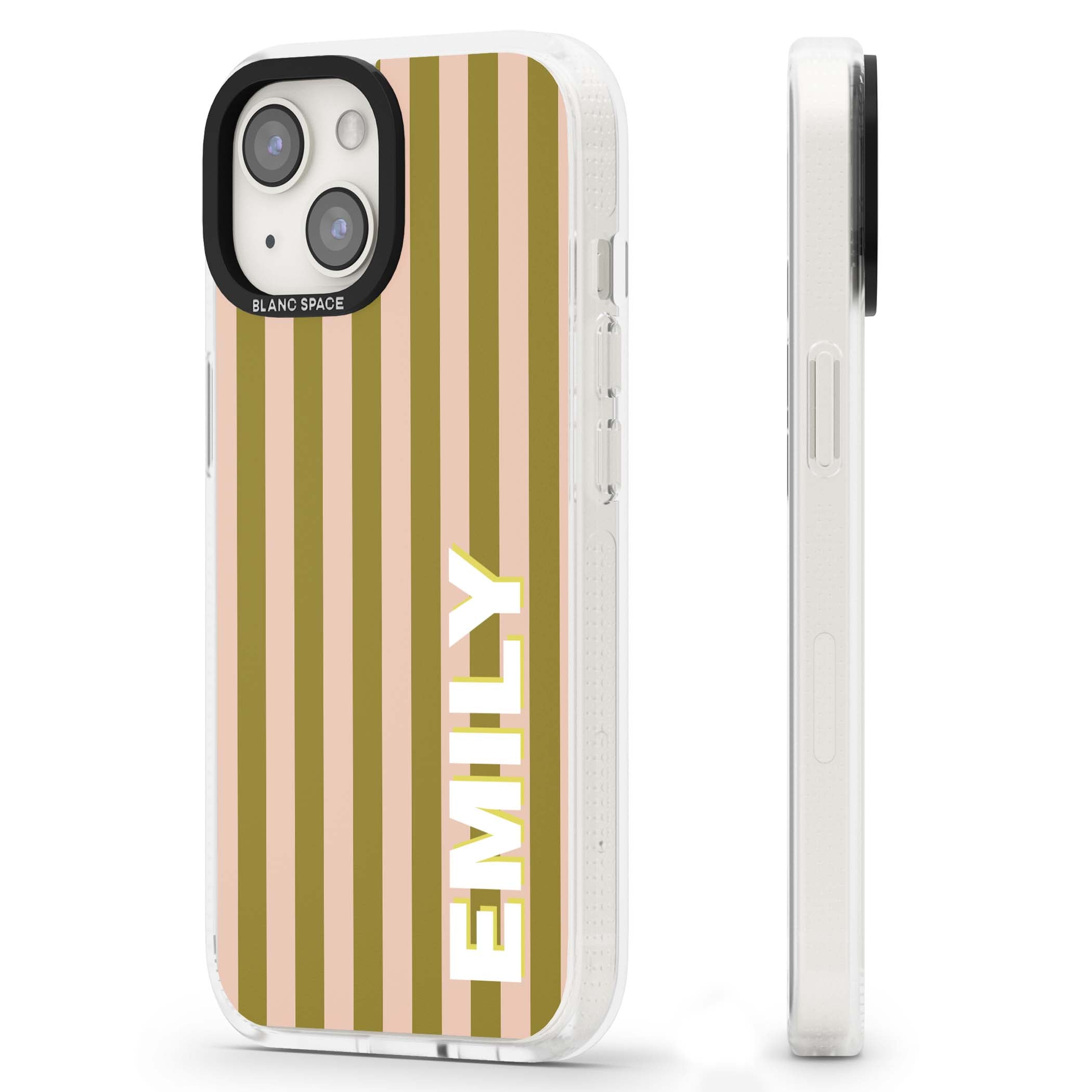 Indian Stripe personalised iPhone case featuring olive green and blush pink vertical stripes with custom name in whit | Clear Case Impact Air case for iPhone 15, iPhone 15 Plus