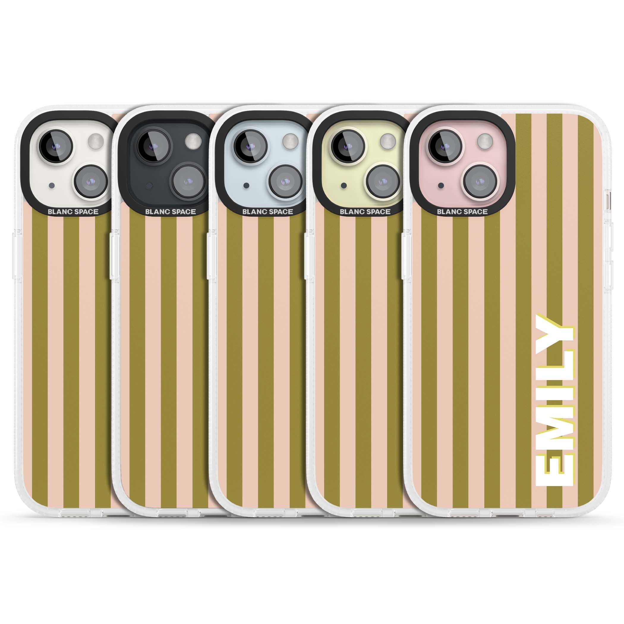 Indian Stripe personalised iPhone case featuring olive green and blush pink vertical stripes with custom name in whit | Clear Case Impact Air case for iPhone 15, iPhone 15 Plus
