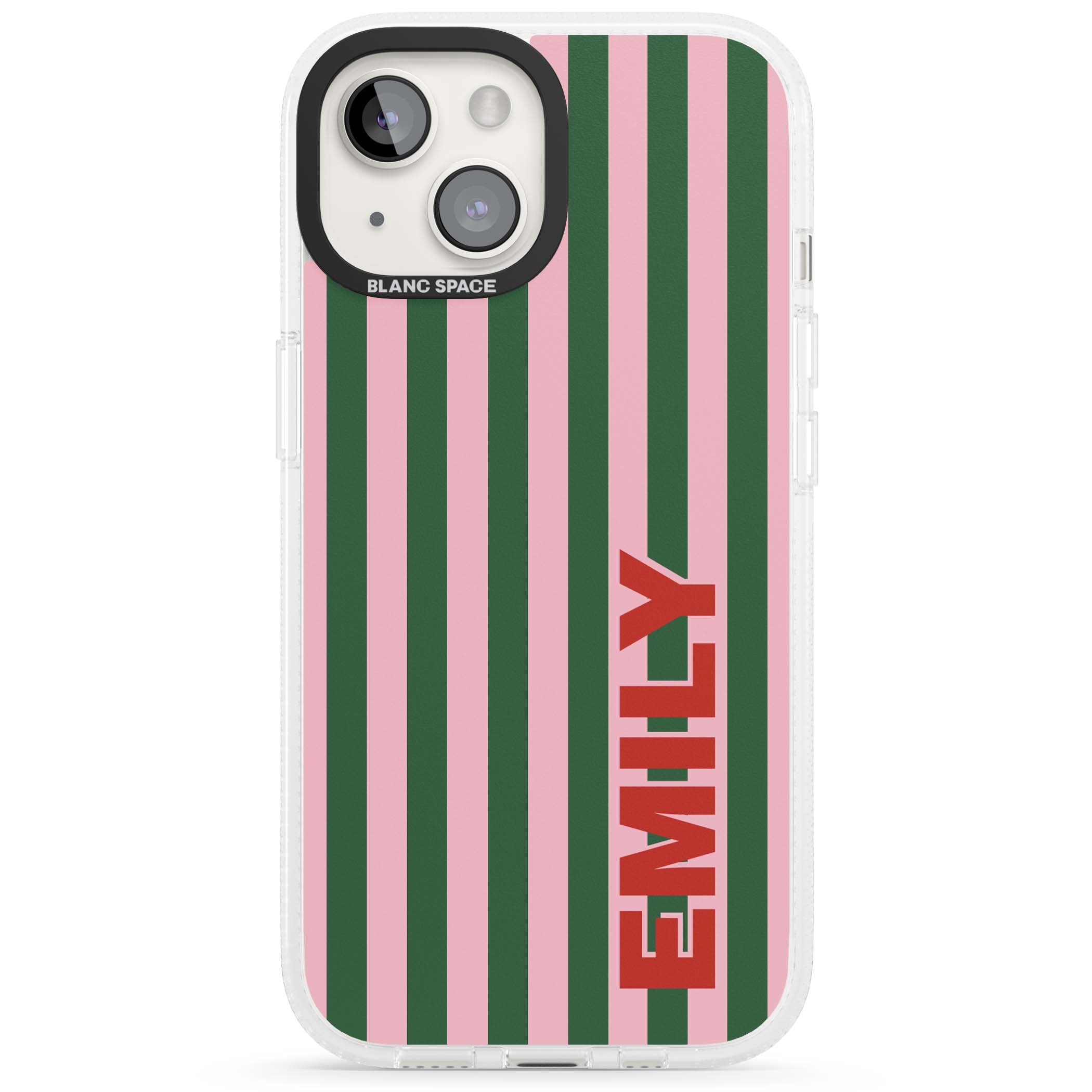 Italian Stripe preppy iPhone case featuring pink and green vertical stripes with personalised red name | Clear Case Impact Air case for iPhone 15, iPhone 15 Plus