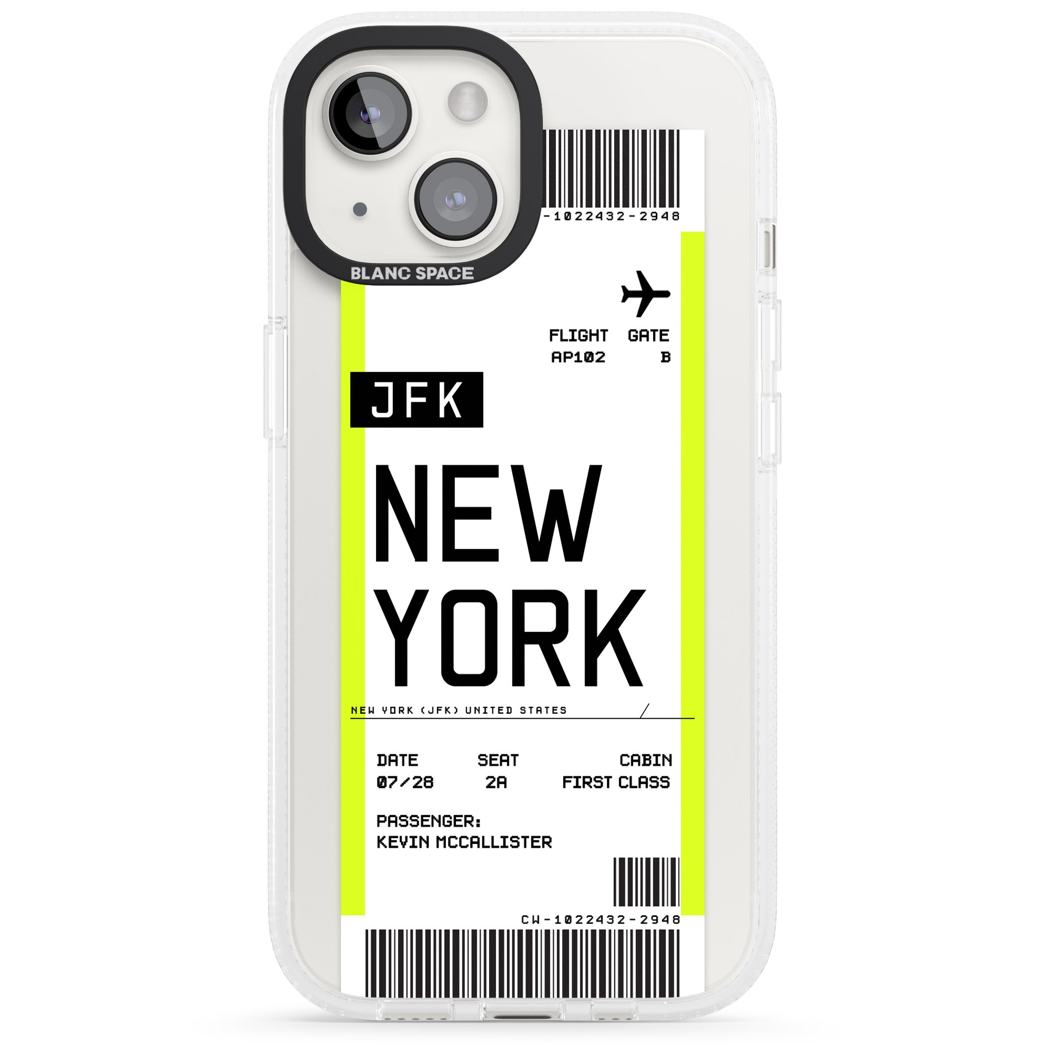 Personalised New York Boarding Pass iPhone 15 / 14 / 13 Clear Case Impact Air - Blanc Space