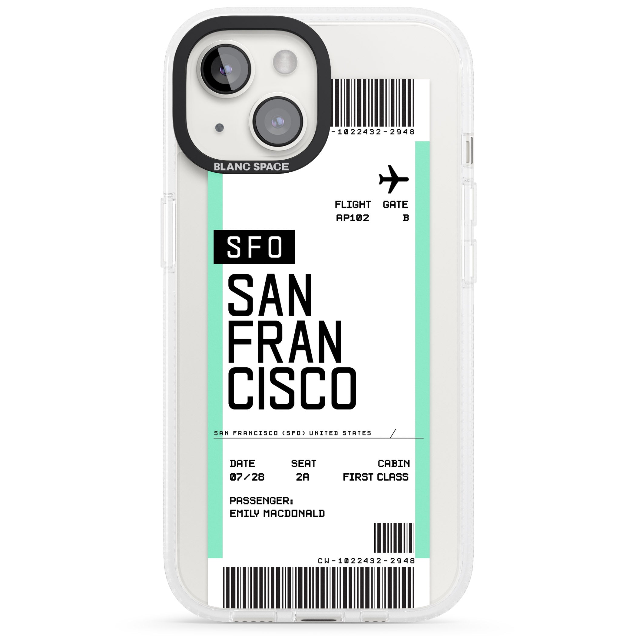Personalised San Francisco Boarding Pass iPhone 15 / 14 / 13 Clear Case Impact Air - Blanc Space
