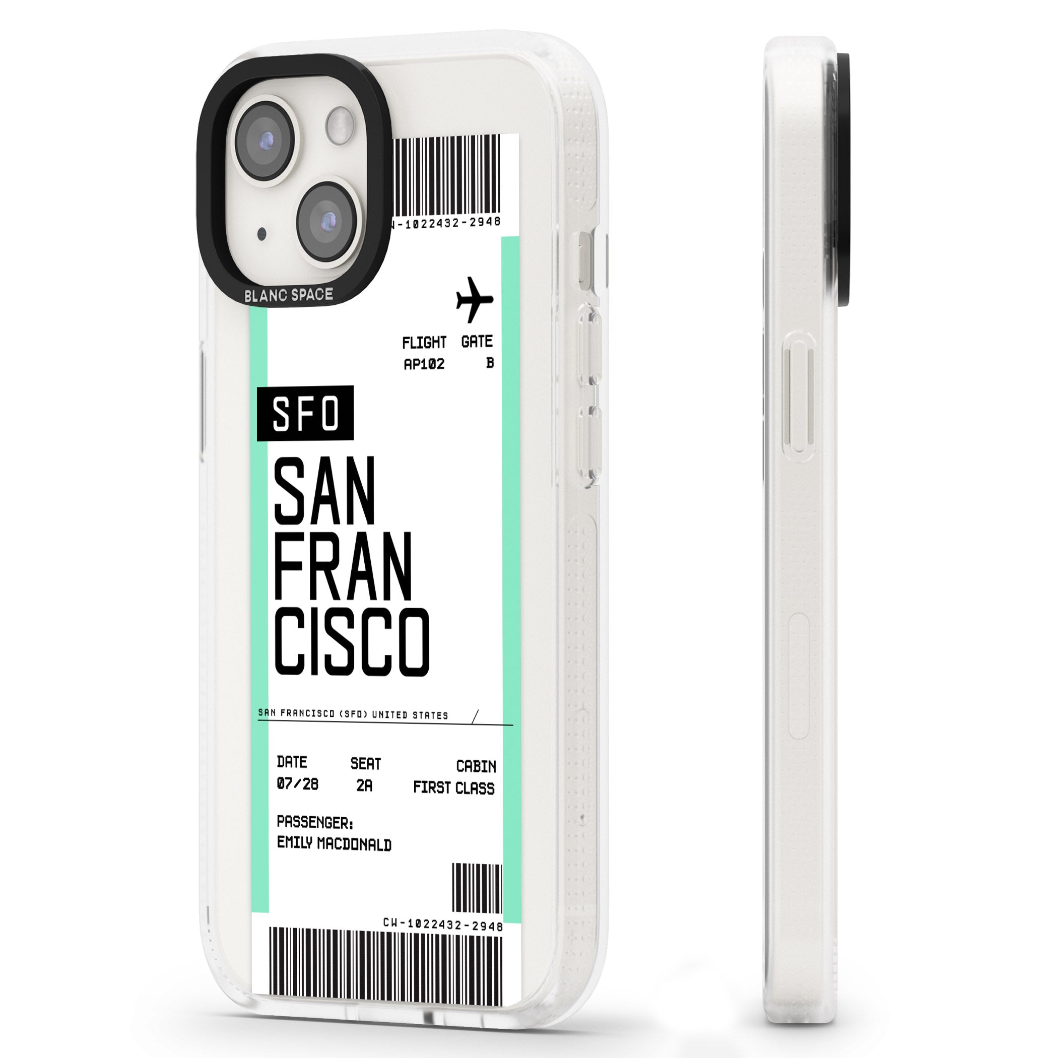 Personalised San Francisco Boarding Pass iPhone 15 / 14 / 13 Clear Case Impact Air - Blanc Space