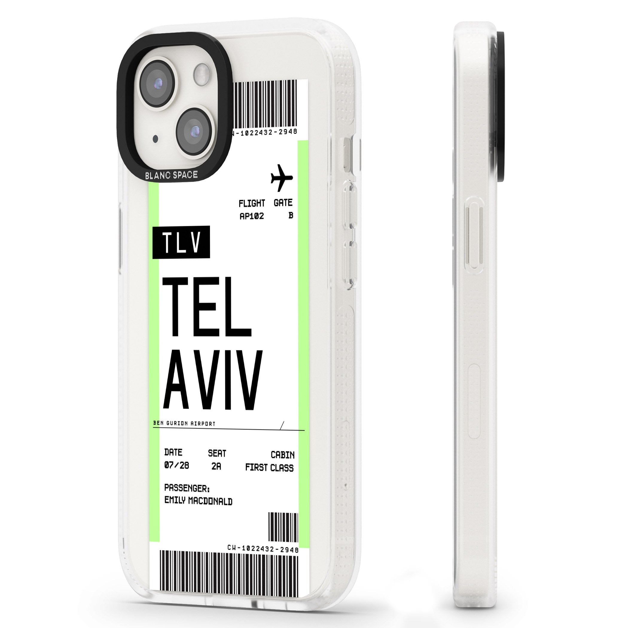 Personalised Tel Aviv Boarding Pass iPhone 15 / 14 / 13 Clear Case Impact Air - Blanc Space