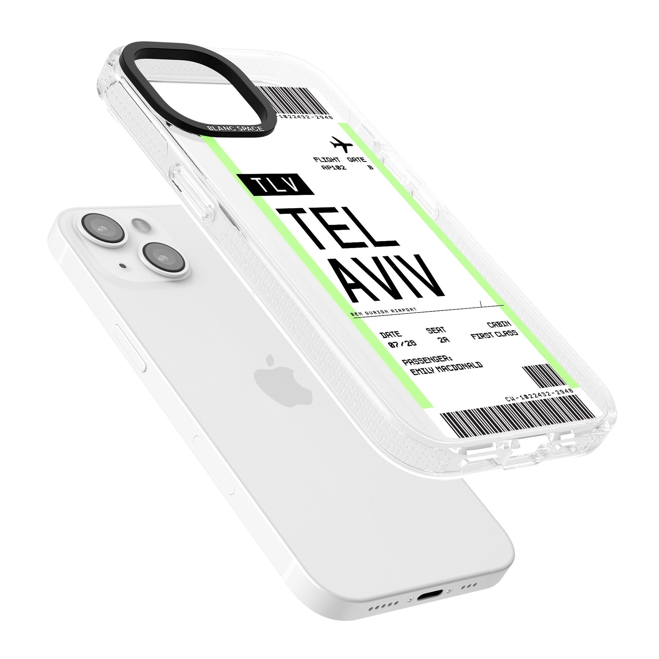Personalised Tel Aviv Boarding Pass iPhone 15 / 14 / 13 Clear Case Impact Air - Blanc Space