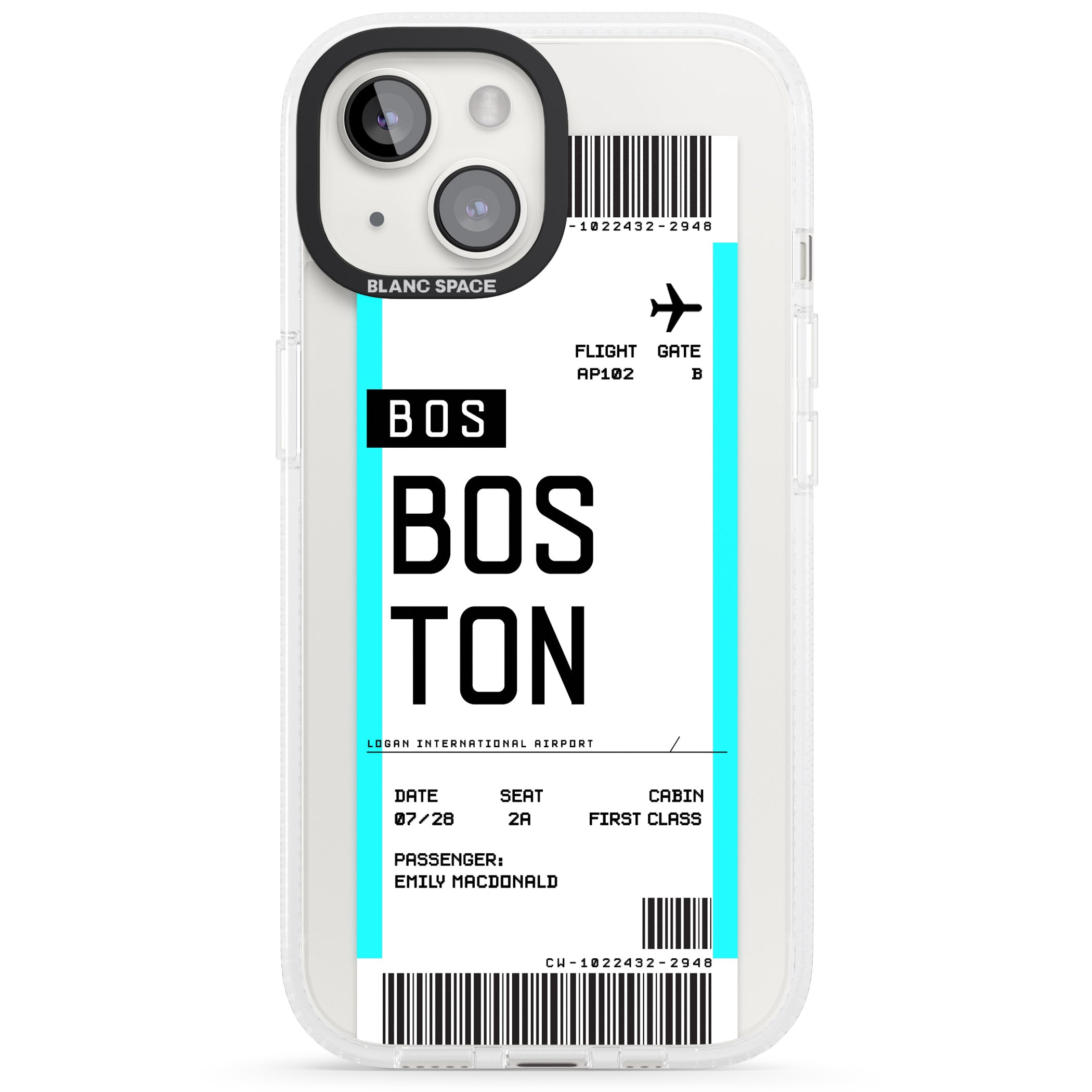 Personalised Boston Boarding Pass iPhone 15 / 14 / 13 Clear Case Impact Air - Blanc Space